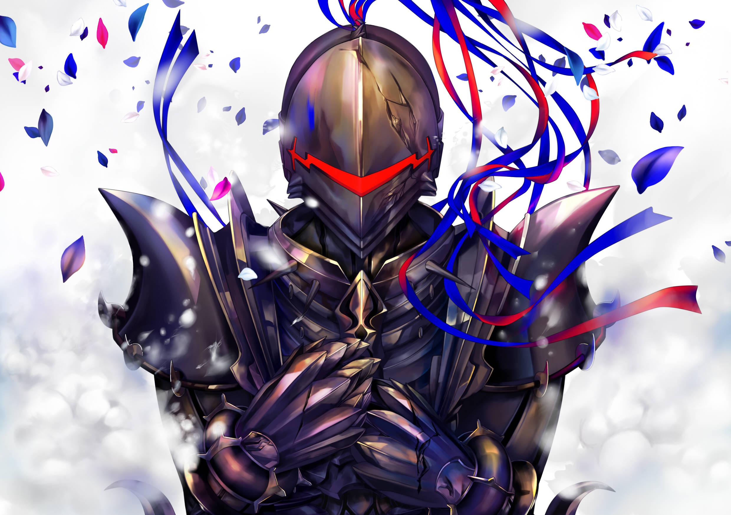 Fate Zero, knight in dark armor with red visor, swirling blue and red ribbons, Full HD Desktop Wallpaper