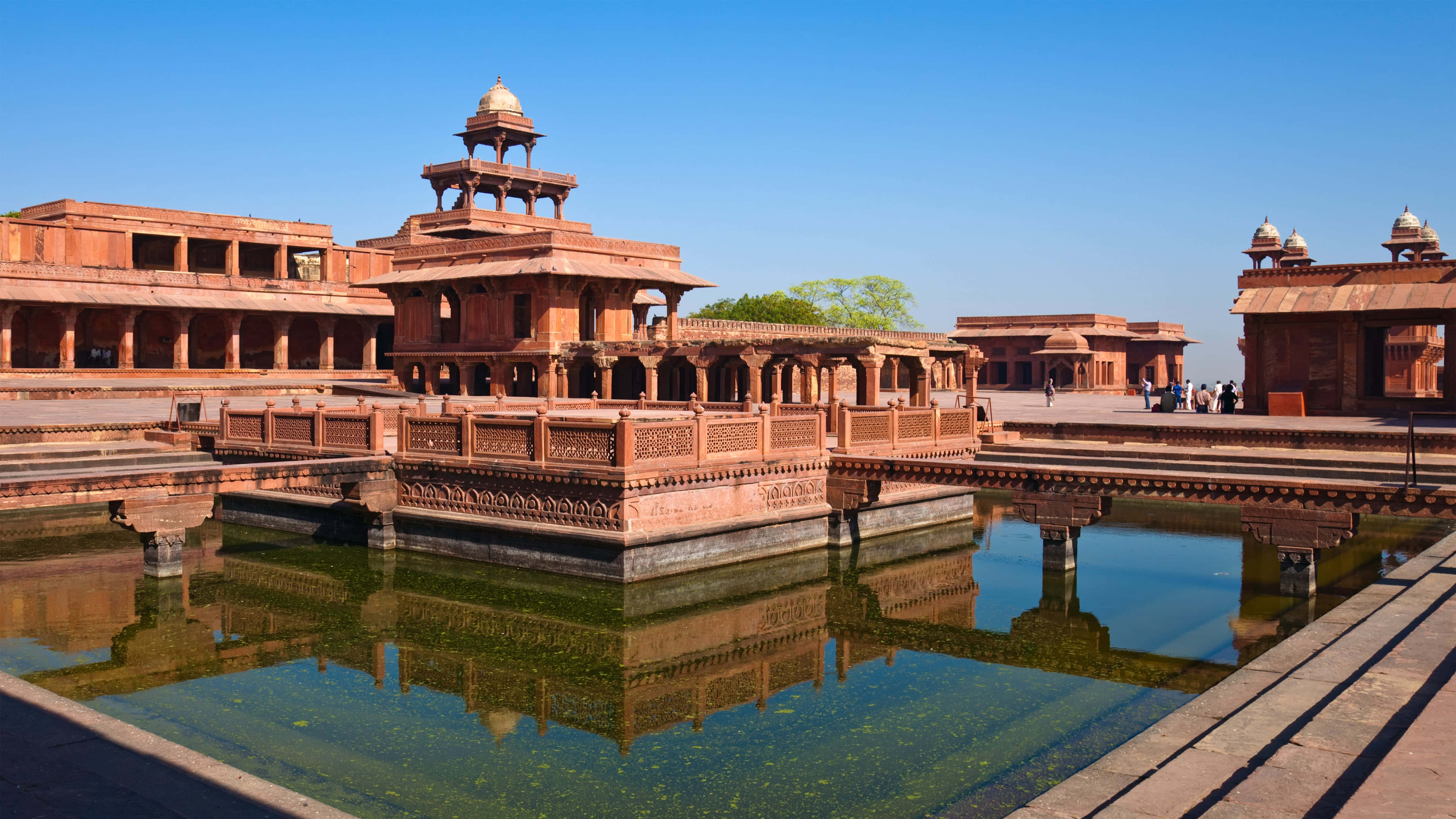 Fatehpur Sikri, red sandstone palace complex, calm water, 4K Desktop Wallpaper