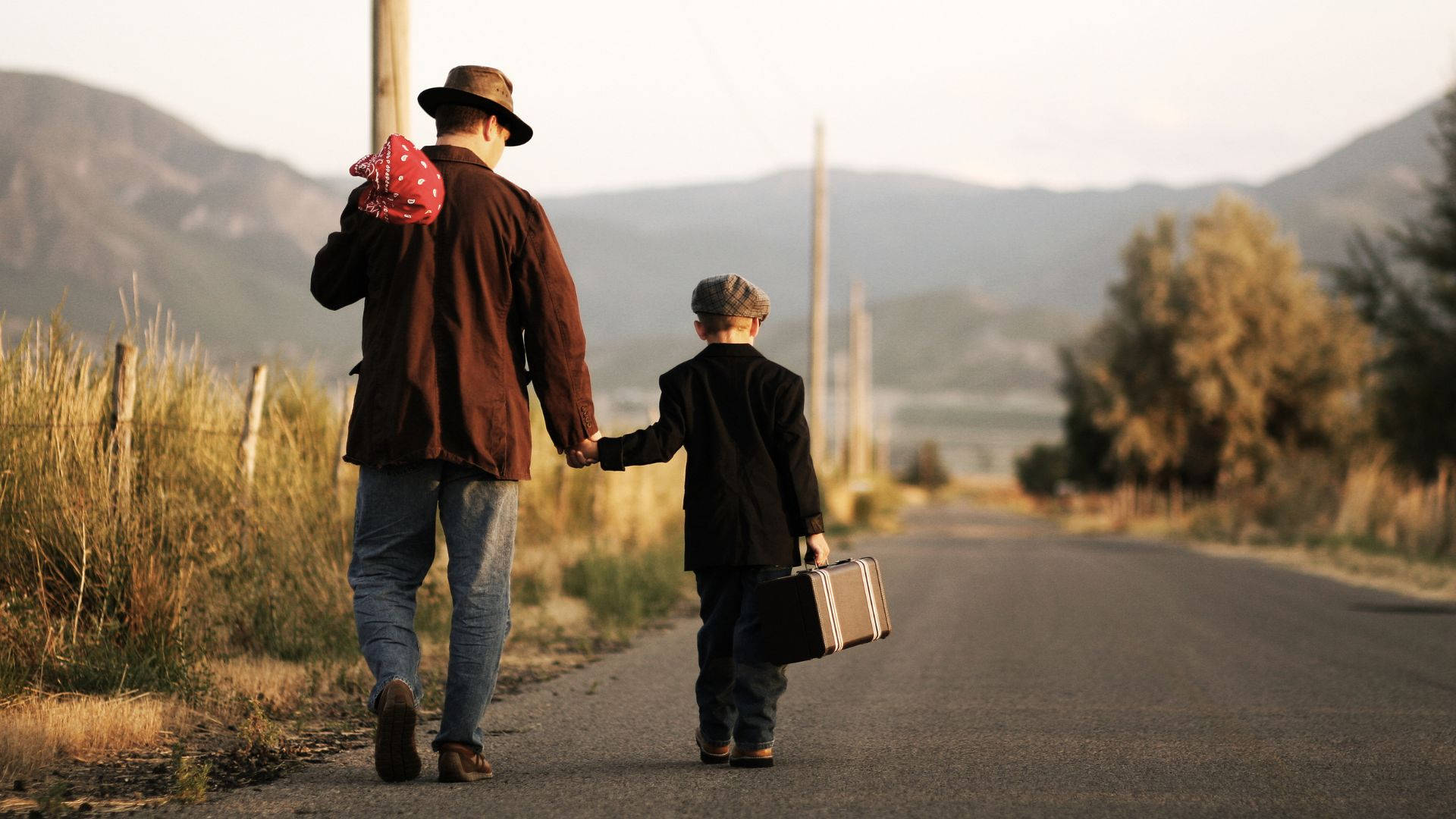 father and son, rural road, suitcase, Full HD Desktop Wallpaper