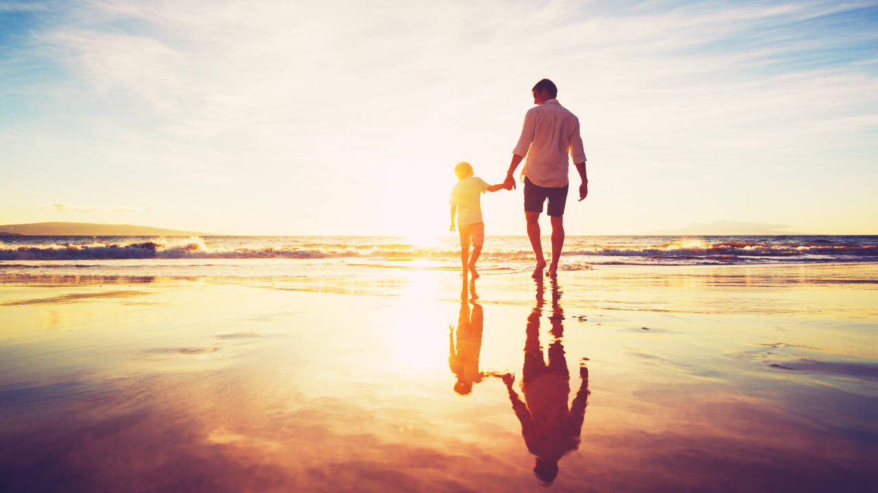 father, child, wet beach, HD Desktop Wallpaper