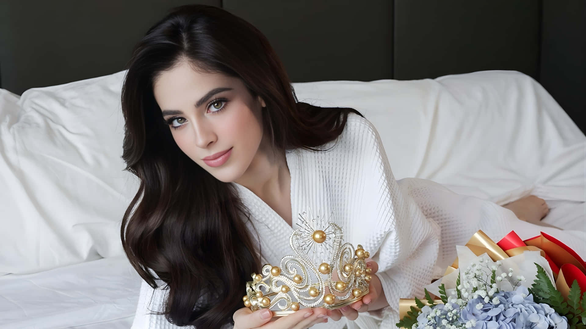 Fatima Bosch, long dark hair, white bed, Full HD Desktop Wallpaper