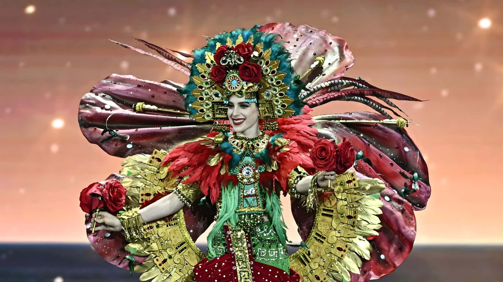 Fatima Bosch, red gold, green feathered costume, Full HD Desktop Wallpaper