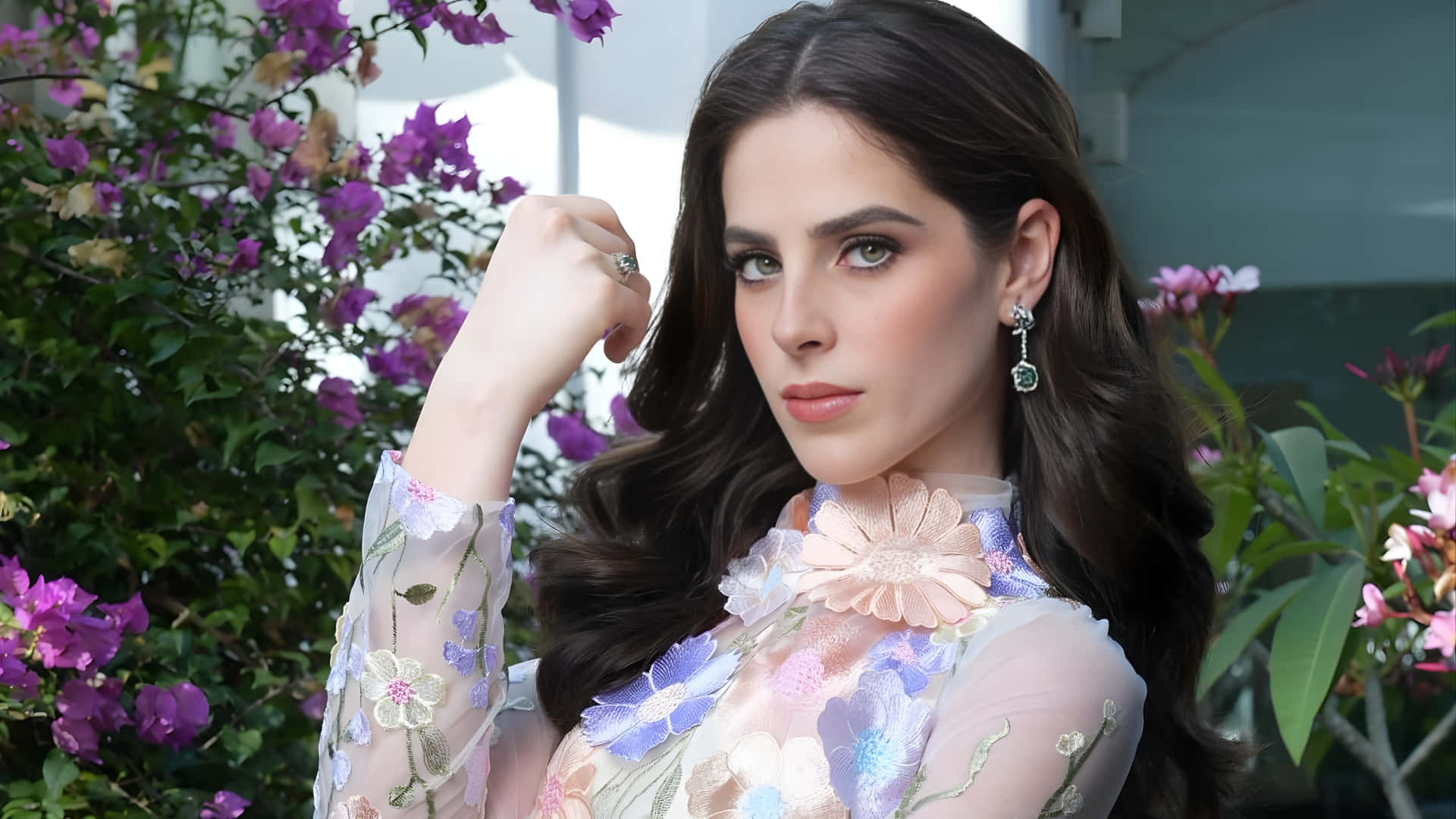 Fatima Bosch, floral embroidered sheer top, purple and pink flowering bushes, Full HD Desktop Wallpaper