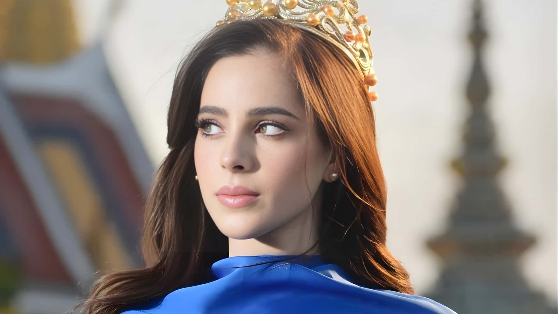 Fatima Bosch, golden crown, blue robe, Full HD Desktop Wallpaper