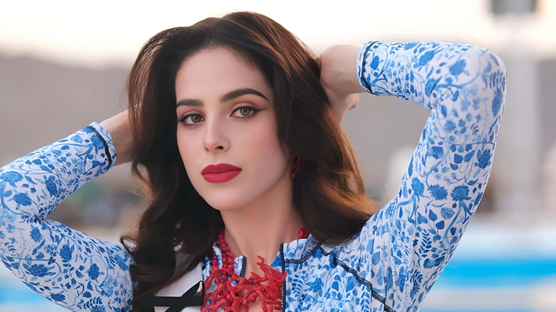 Fatima Bosch, blue floral top, red coral necklace, Full HD Desktop Wallpaper