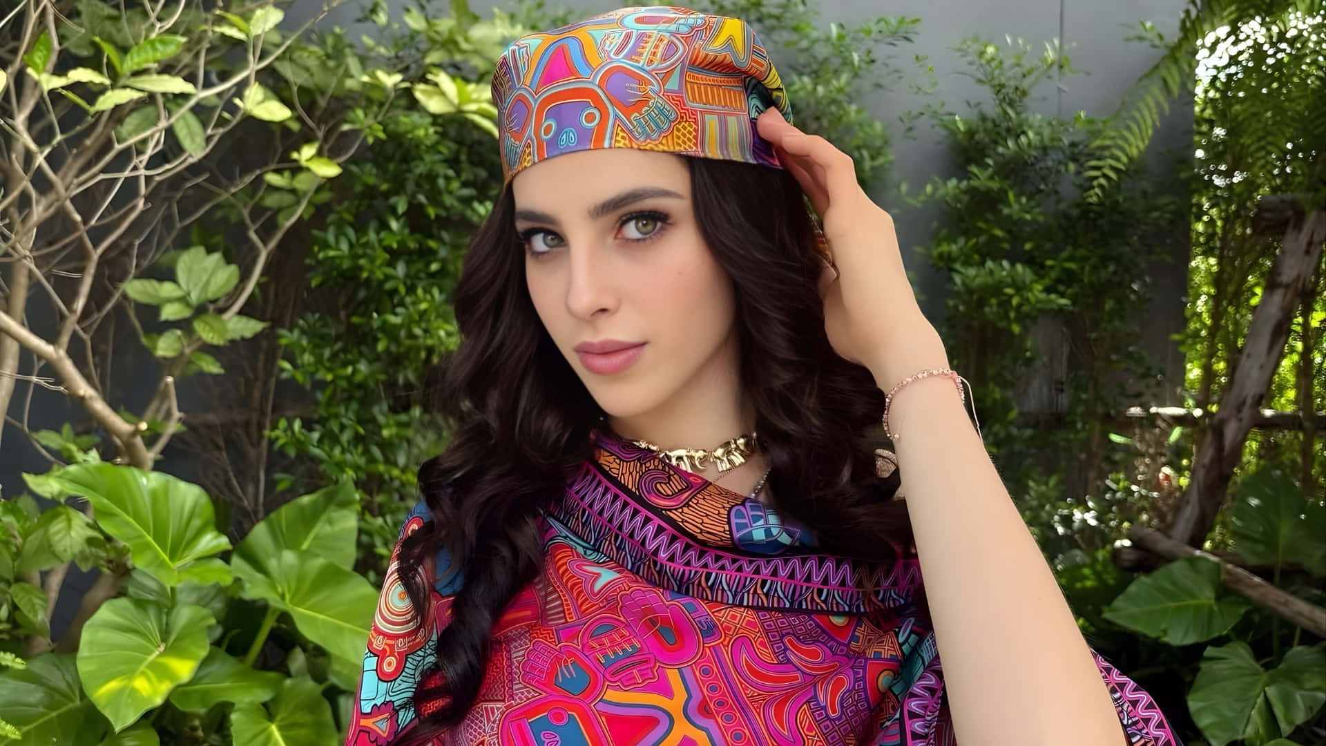 Fatima Bosch, vibrant patterned headscarf, matching top, Full HD Desktop Wallpaper