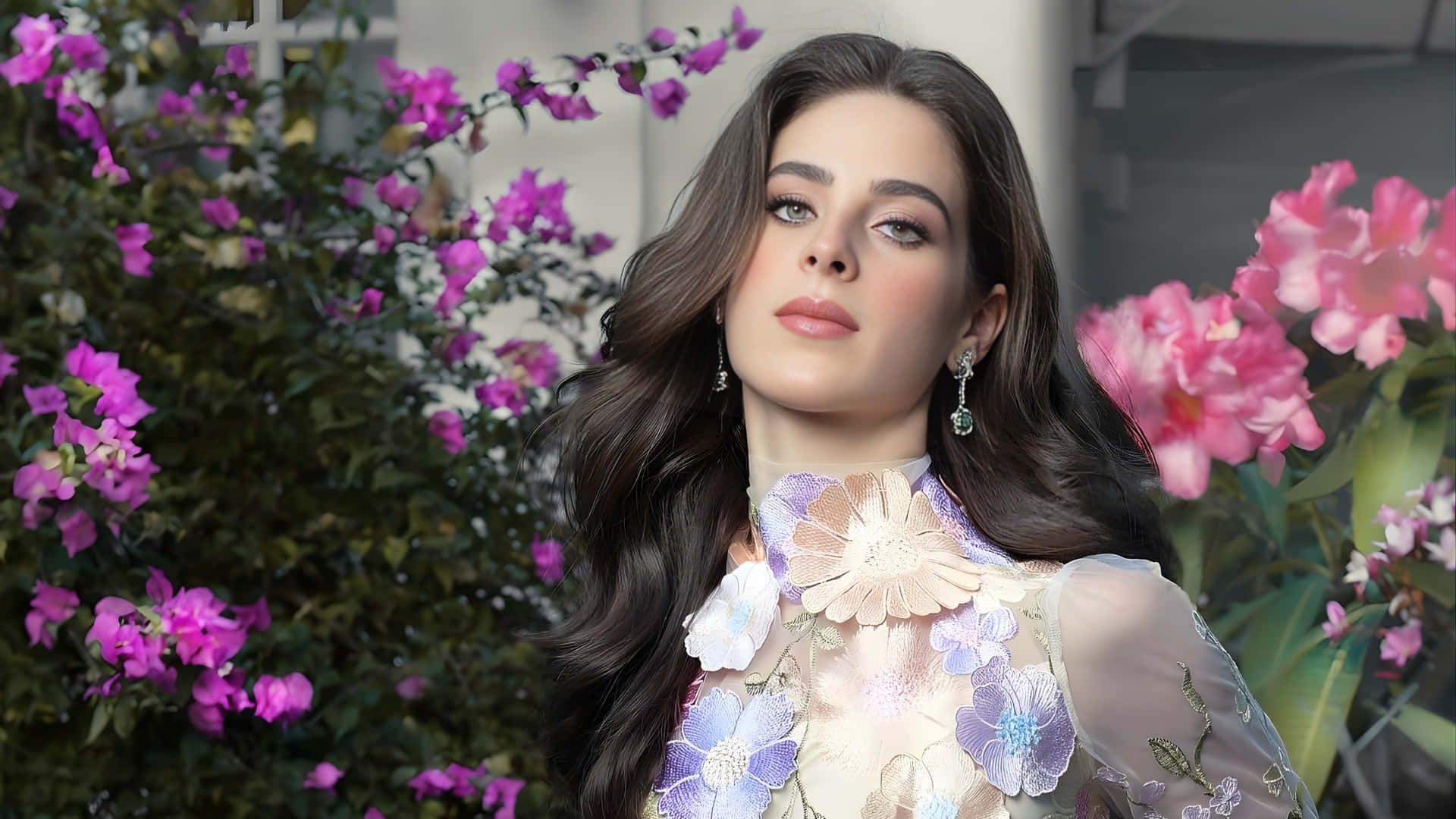 Fatima Bosch, floral embroidered dress, dangling earrings, Full HD Desktop Wallpaper