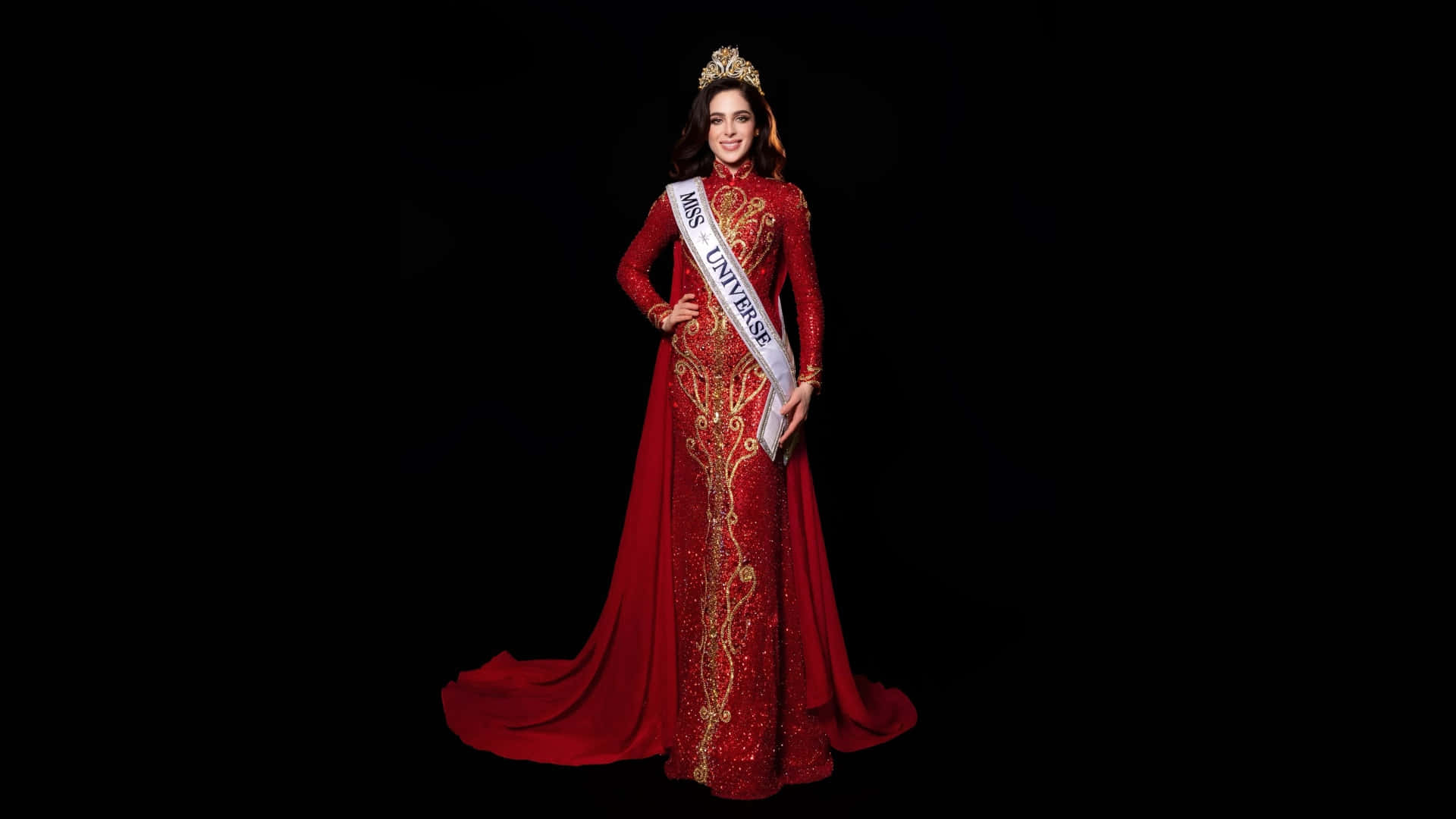 Fatima Bosch, elegant gown, sparkling red gown, Full HD Desktop Wallpaper