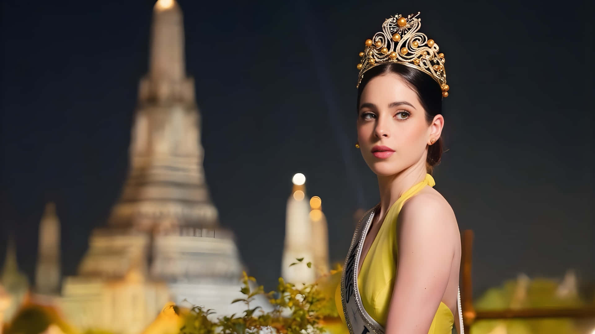 Fatima Bosch, golden crown, yellow gown, Full HD Desktop Wallpaper