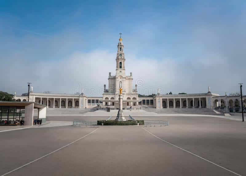 Fatima Sanctuary, white pilgrimage church, tall bell tower, SD Desktop Wallpaper