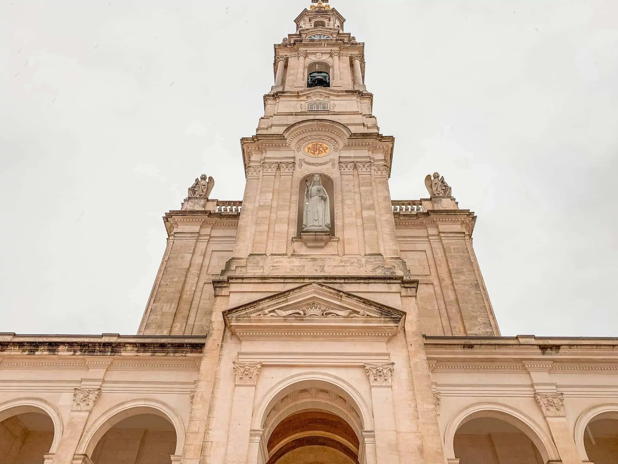Fatima Sanctuary, neoclassical church tower, overcast sky, Full HD Desktop Wallpaper