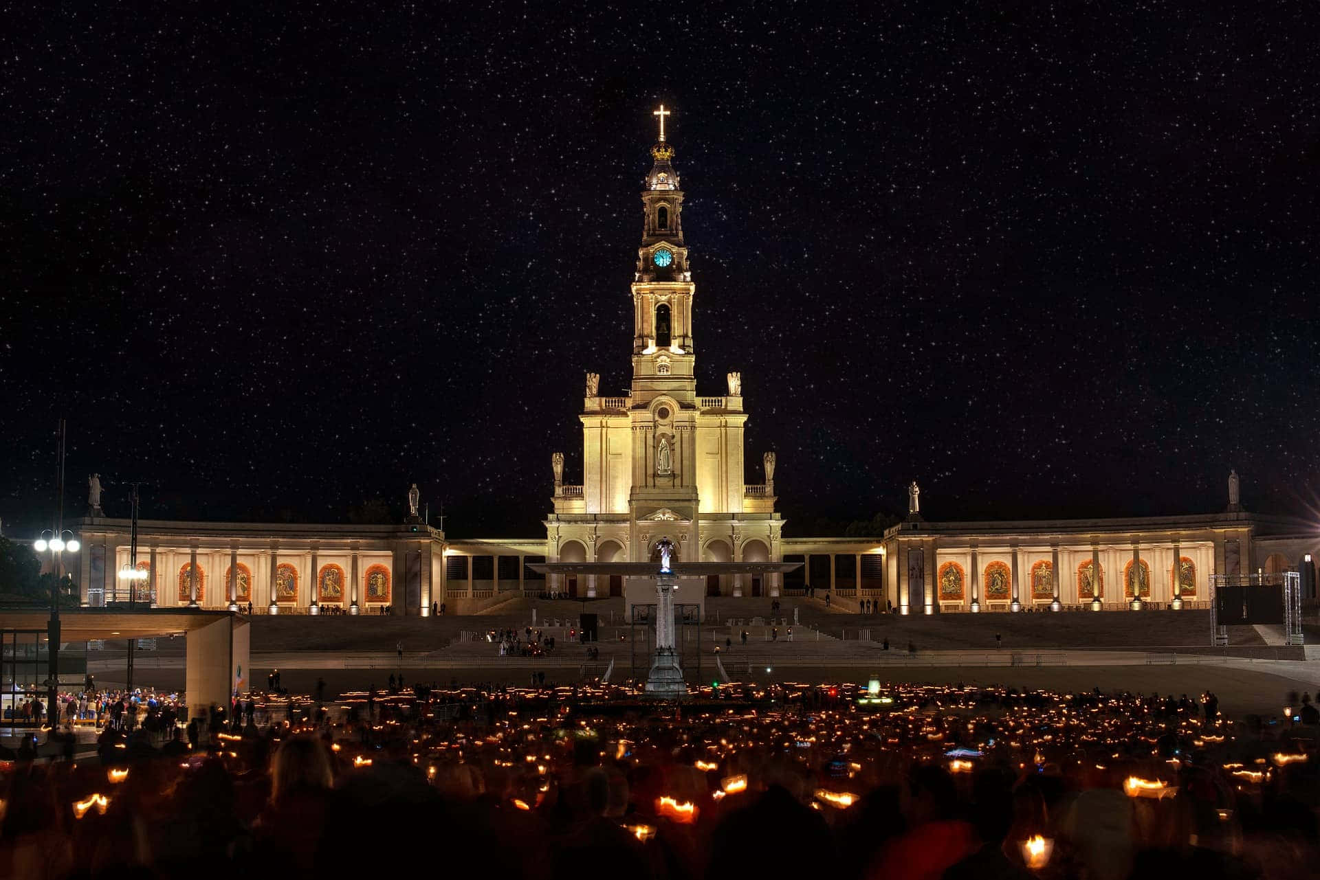 Fatima Sanctuary, starry night sky, illuminated cathedral, Full HD Desktop Wallpaper