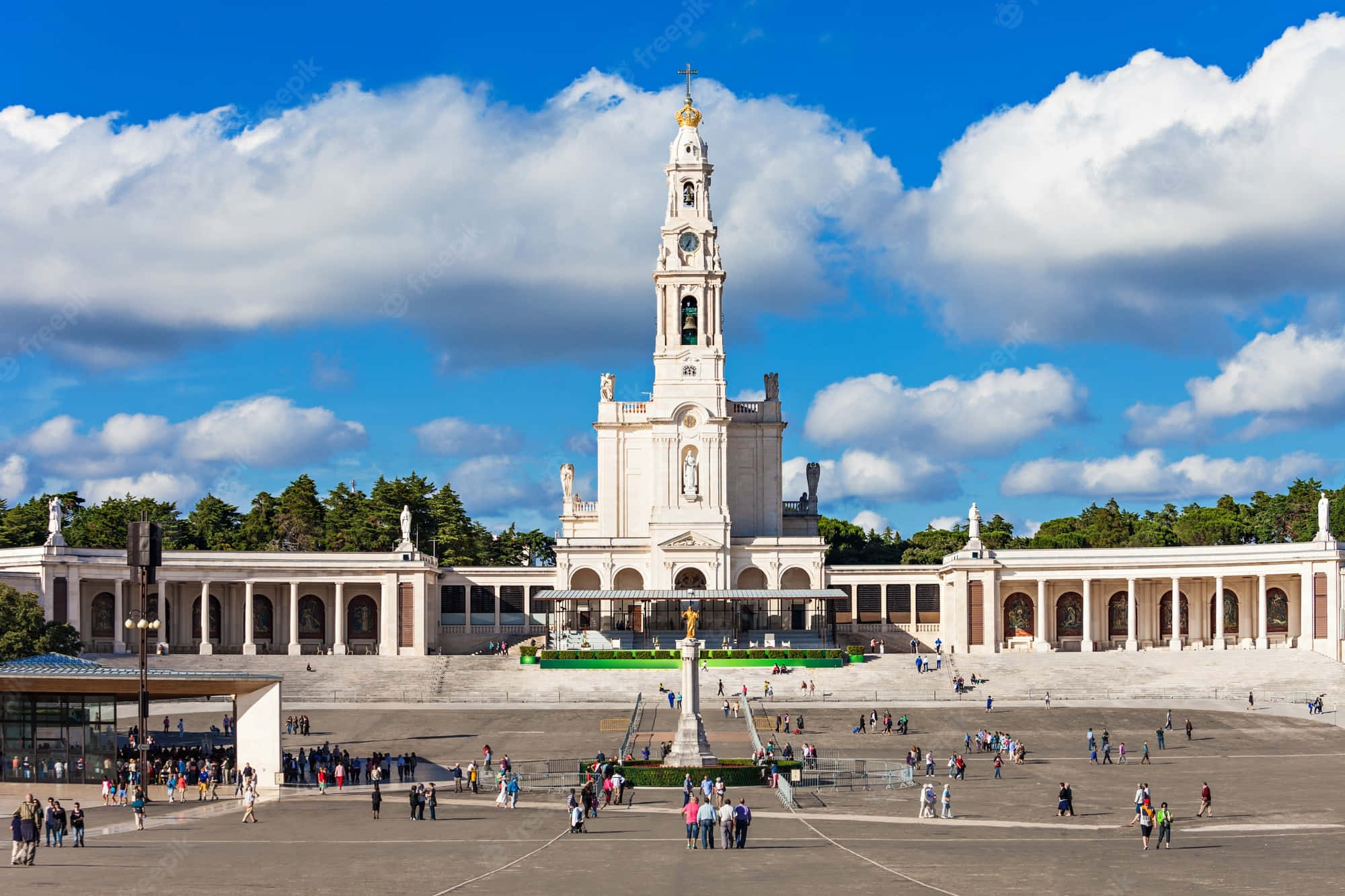 Fatima Sanctuary, white basilica, tall bell tower, Full HD Desktop Wallpaper