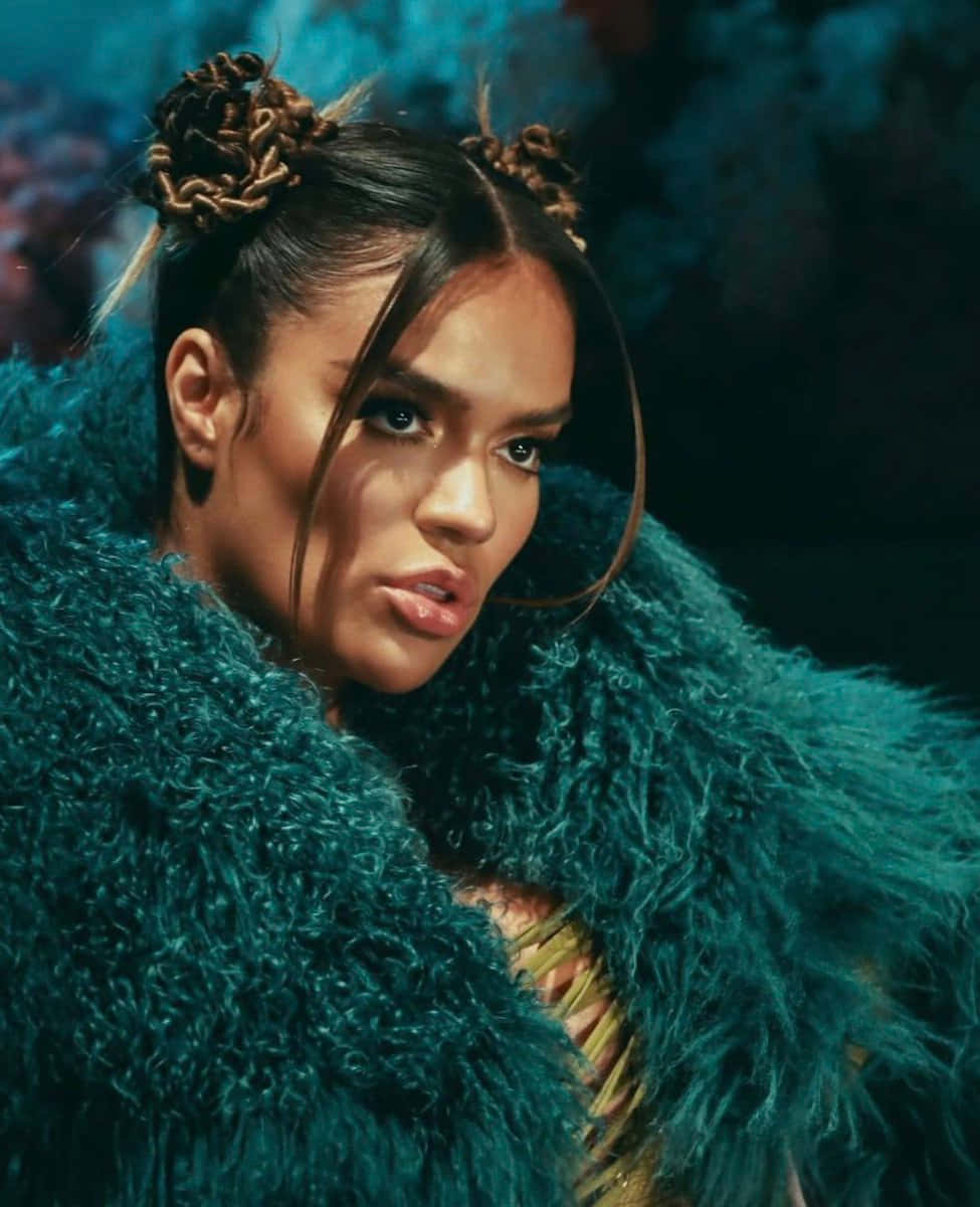 teal fur coat, braided hair, dark moody background, SD Phone Wallpaper