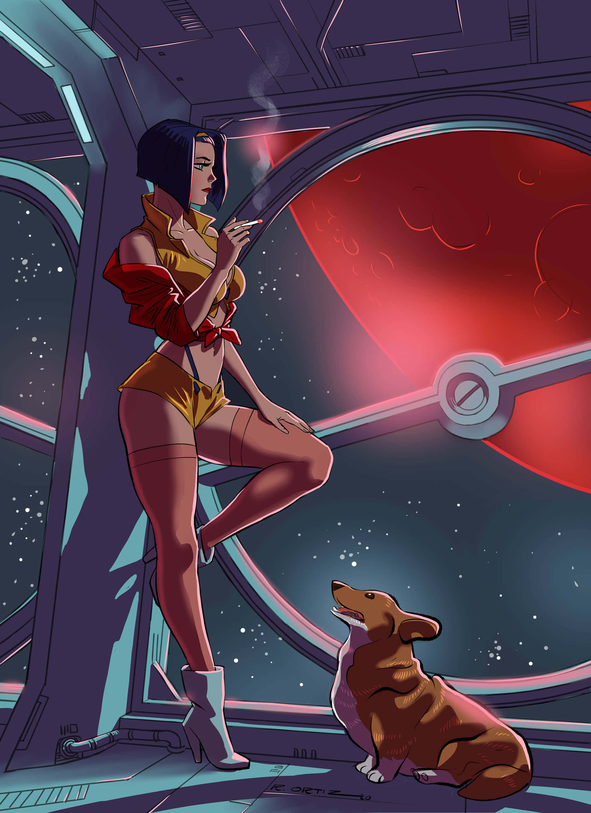 Faye Valentine, yellow outfit, corgi, 2K Phone Wallpaper