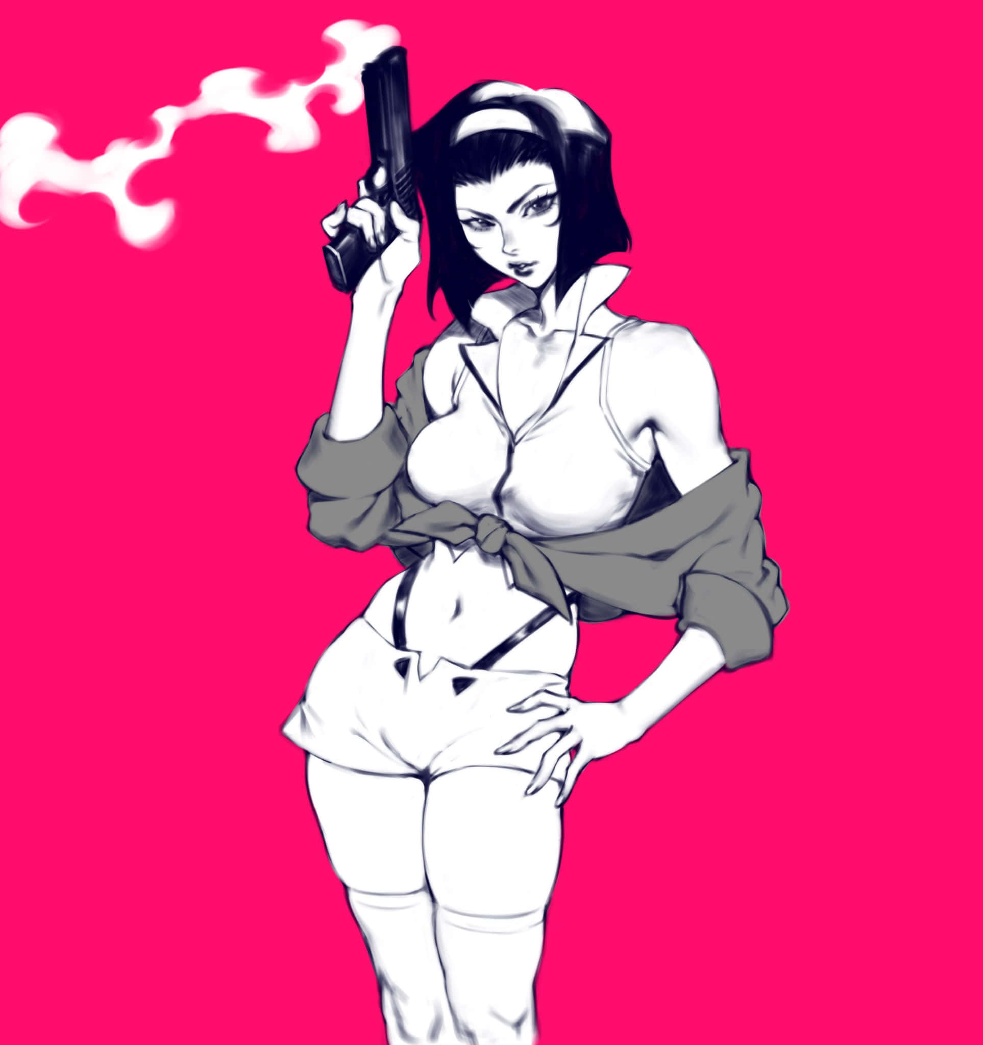 Faye Valentine, monochrome, smoking pistol, Full HD Phone Wallpaper