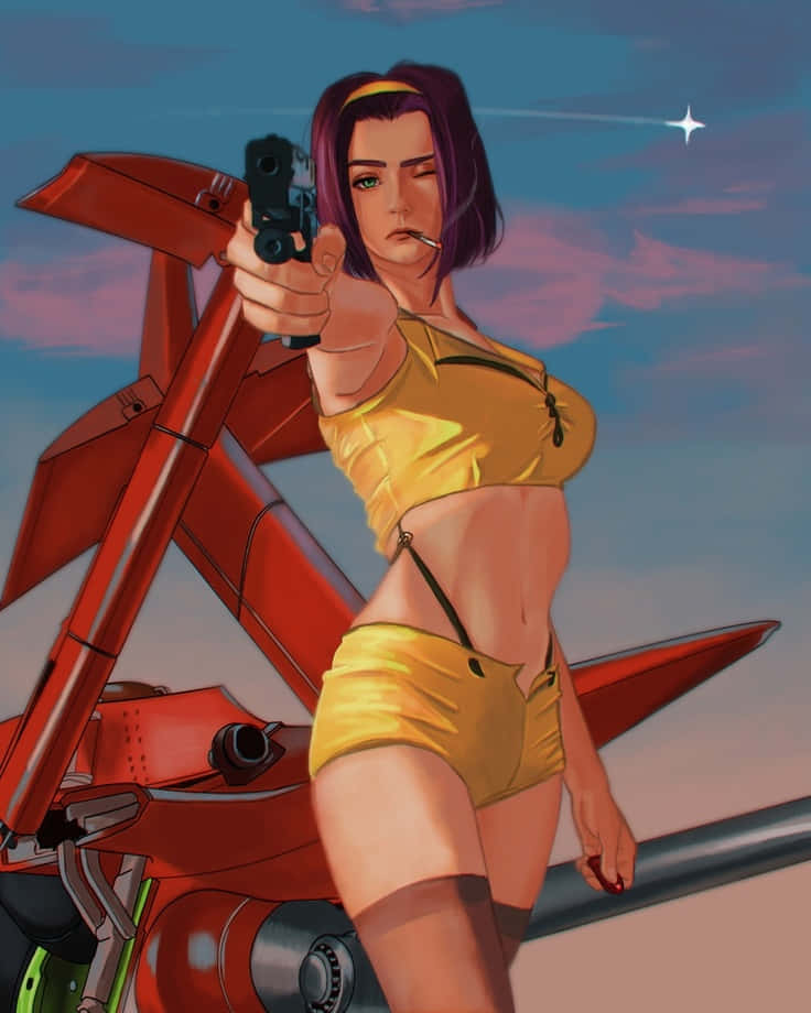 Faye Valentine, yellow bikini, red mech, SD Phone Wallpaper