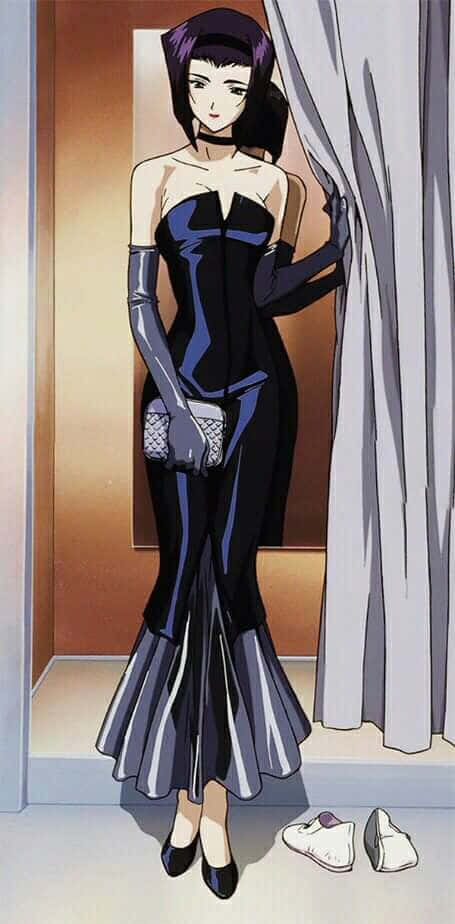 Faye Valentine, black and blue dress, city backdrop, SD Phone Wallpaper