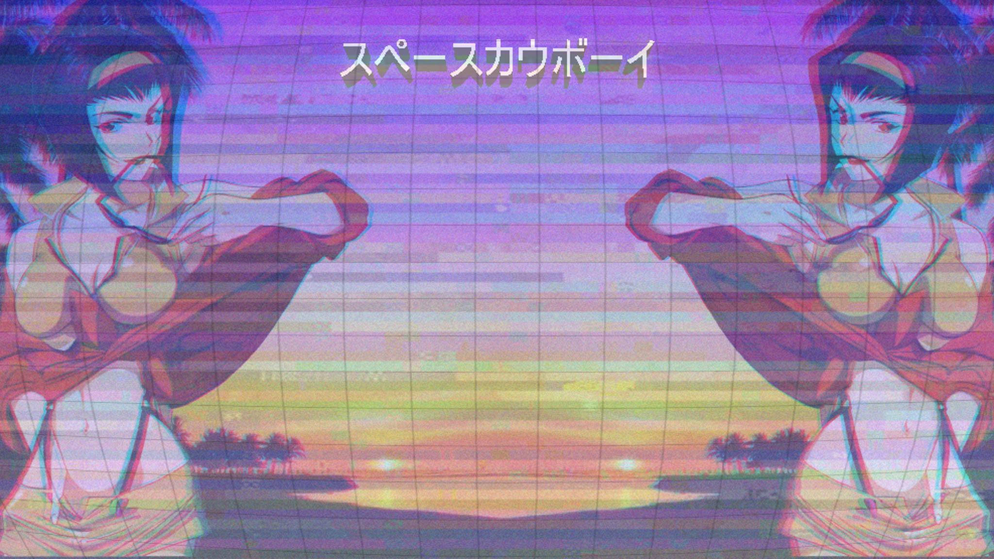 Faye Valentine, glitchy sunset sky, palm trees, Full HD Desktop Wallpaper