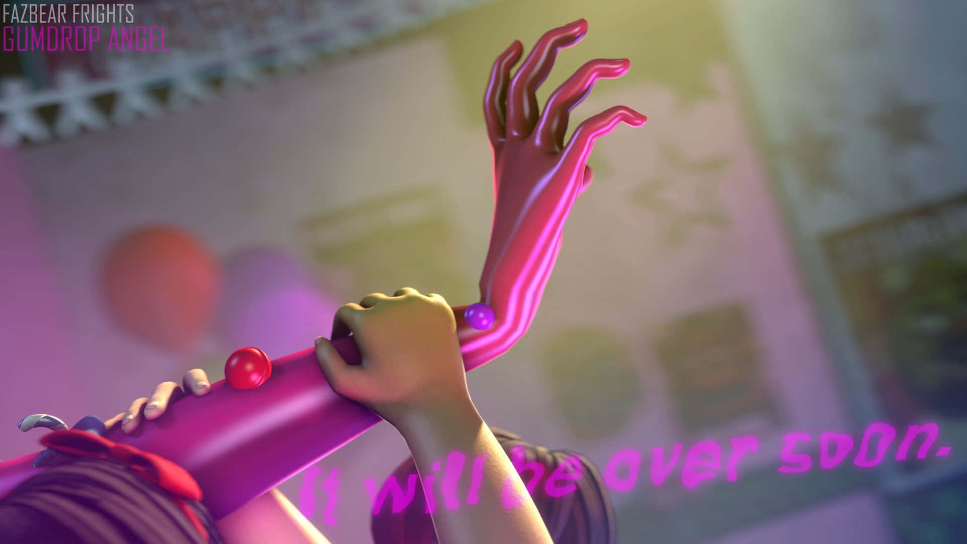 Fazbear Frights, pink animatronic arm, glowing purple accents, Full HD Desktop Wallpaper