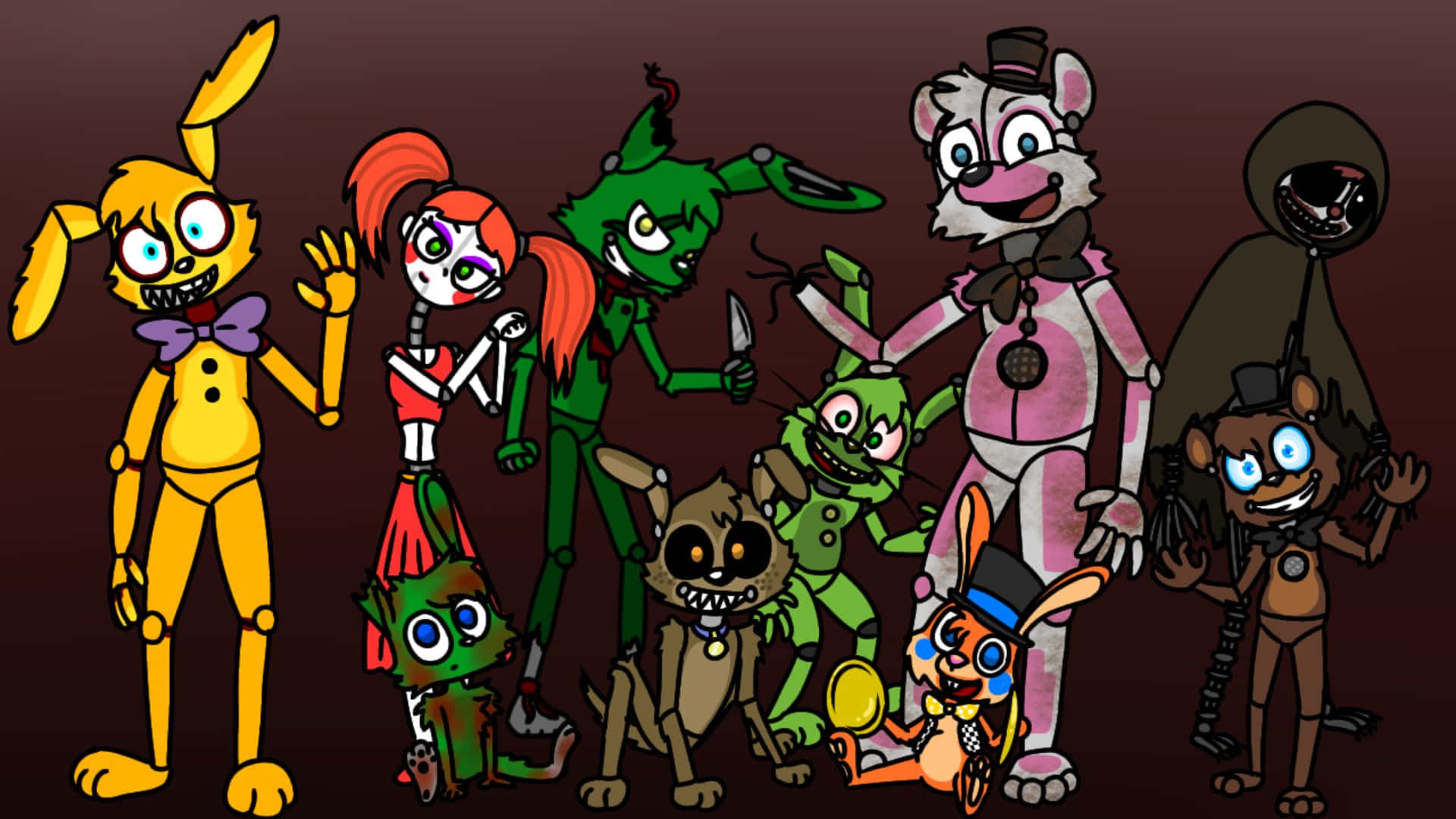 Fazbear Frights, animatronic characters, dark brown background, Full HD Desktop Wallpaper