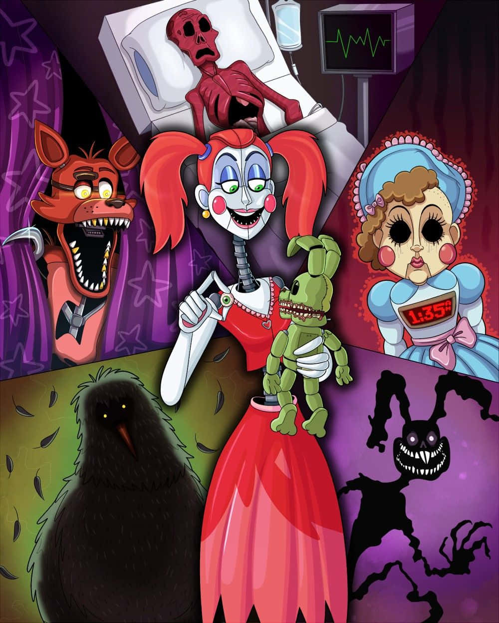 Fazbear Frights, animatronic characters, dark hospital setting, SD Phone Wallpaper