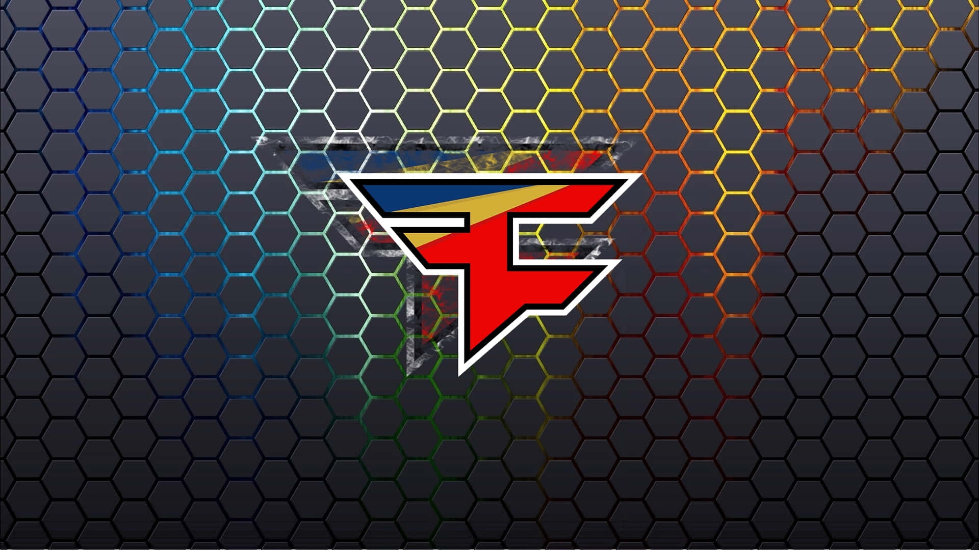 Faze Rug, red and blue stylized 'F' logo, gradient hexagonal grid background, Full HD Desktop Wallpaper