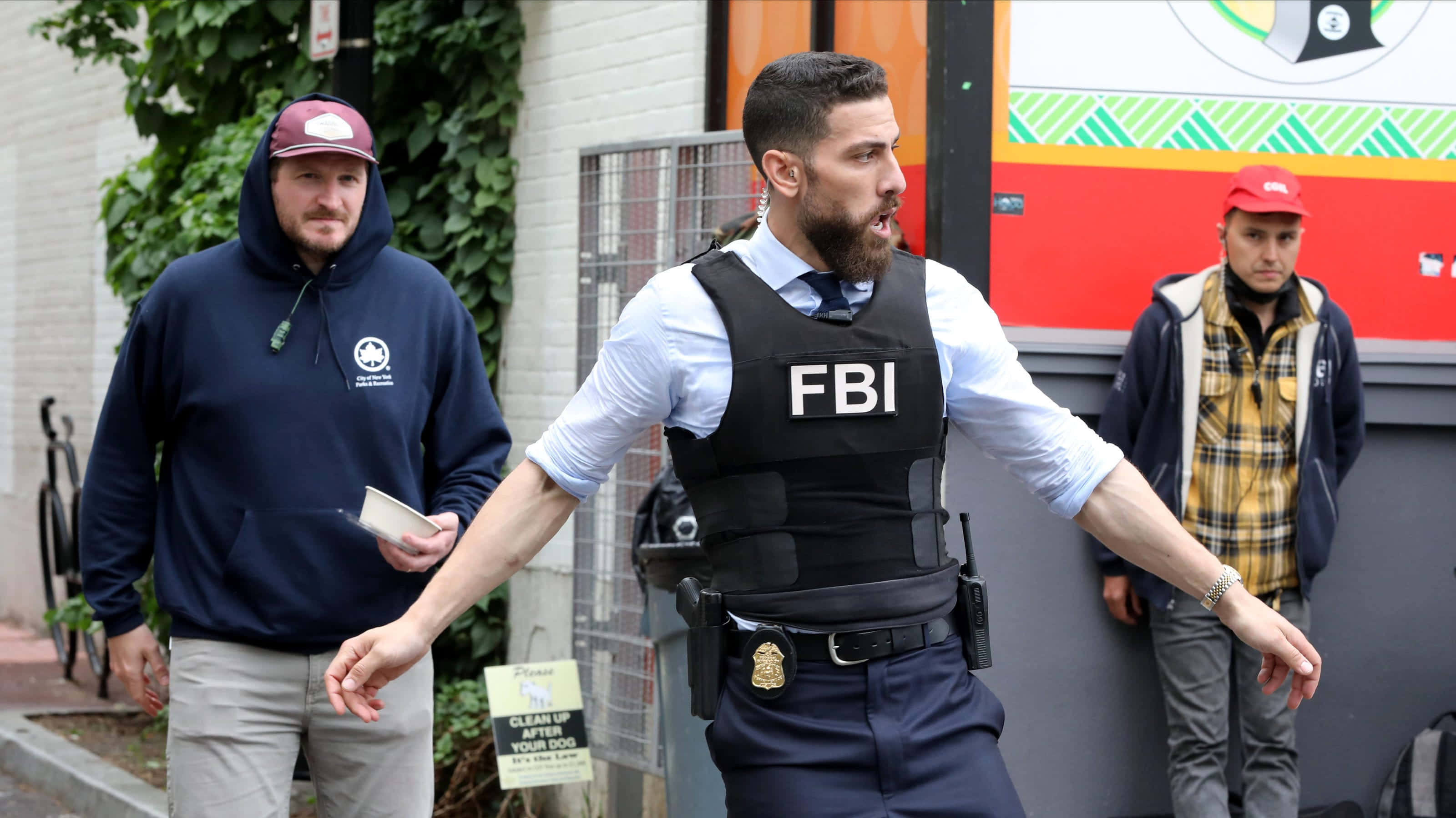 FBI, black tactical vest, city sidewalk, 2K Desktop Wallpaper