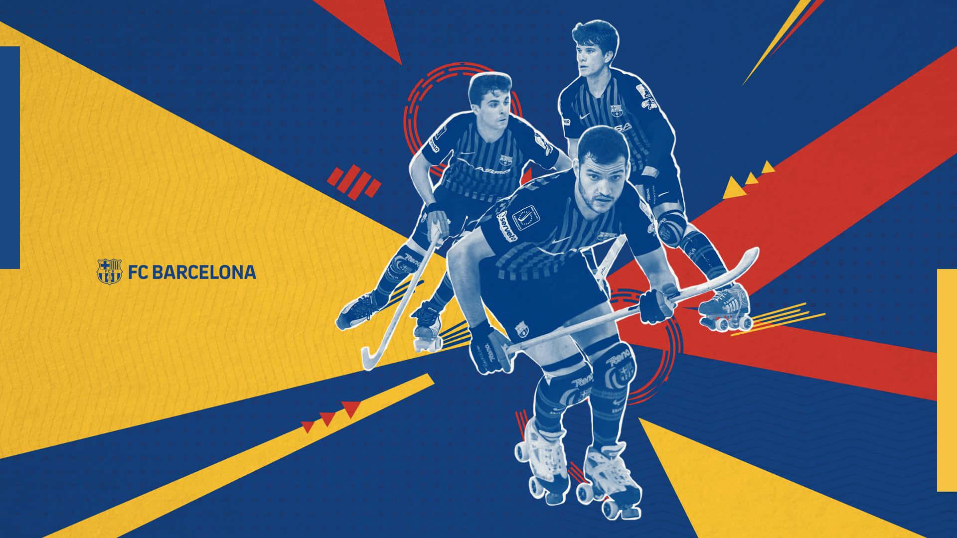 FC Barcelona, roller hockey players, blue yellow and red geometric background, Full HD Desktop Wallpaper