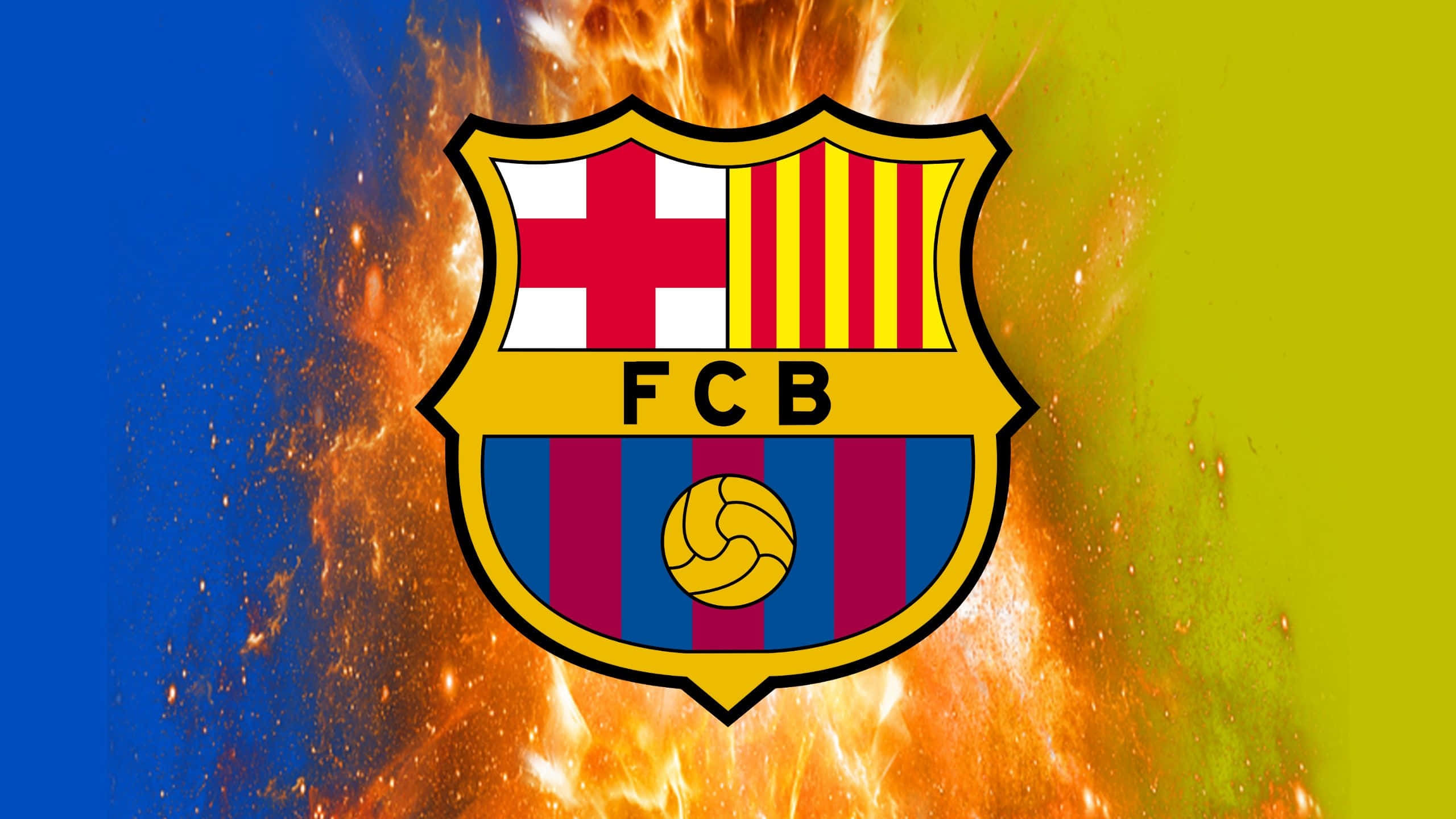 Fc Barcelona, Barcelona FC crest, fiery orange flames, 2K Desktop Wallpaper