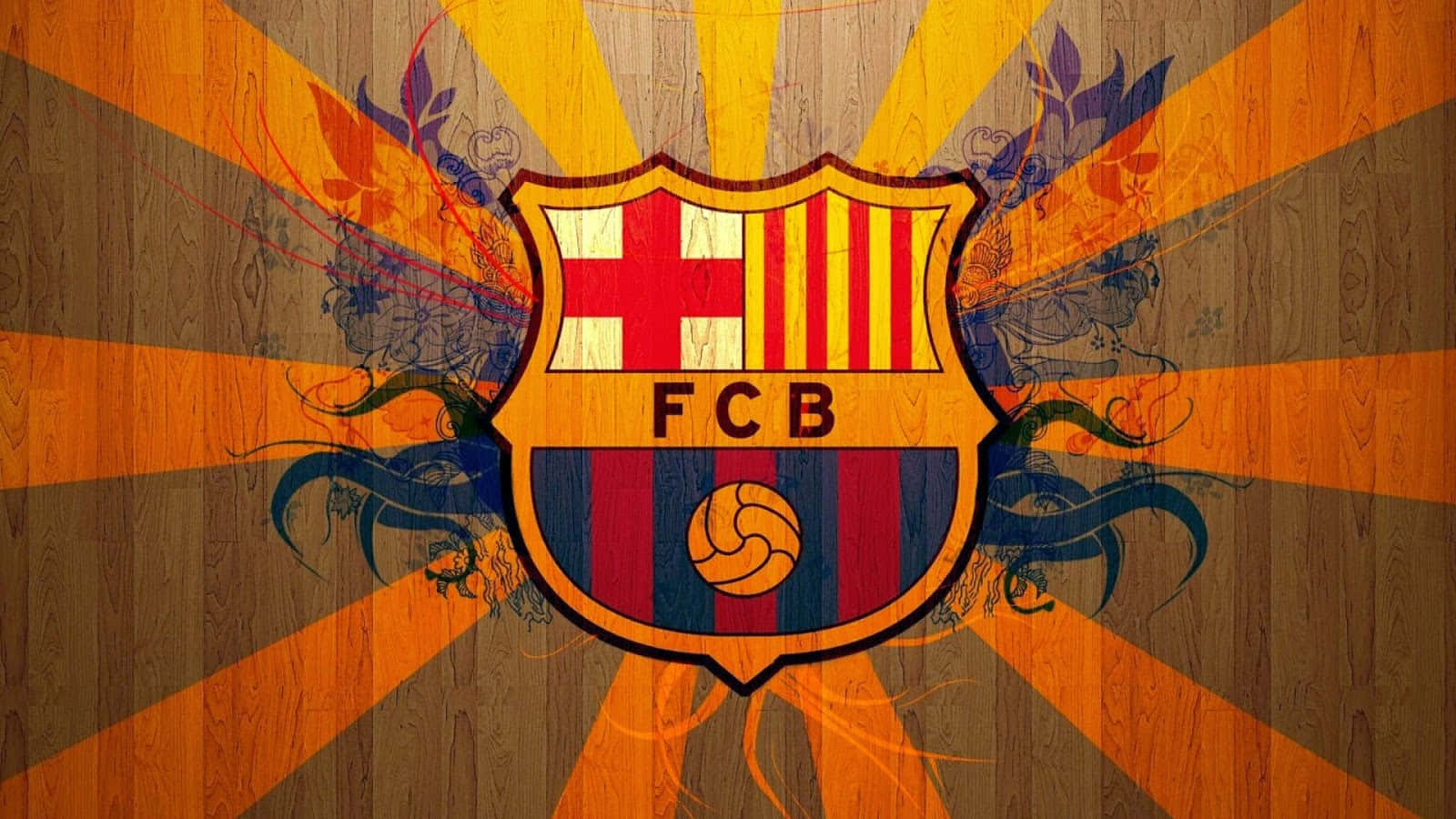 FC Barcelona crest, wooden background, orange rays, HD Desktop Wallpaper