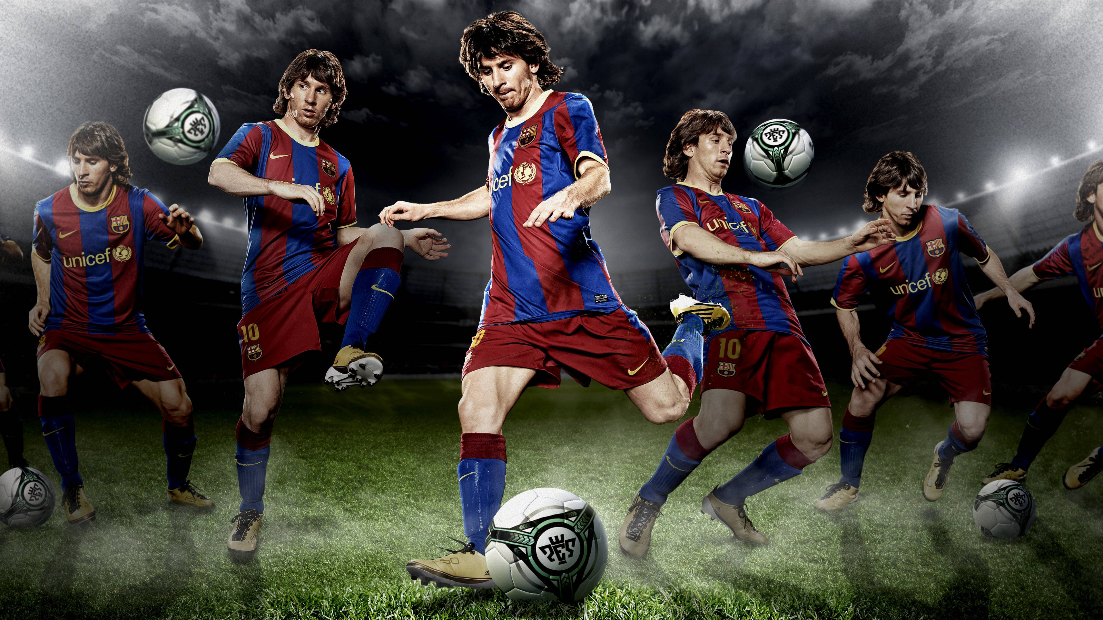 FC Barcelona, red and blue kit, stadium pitch, 4K Desktop Wallpaper