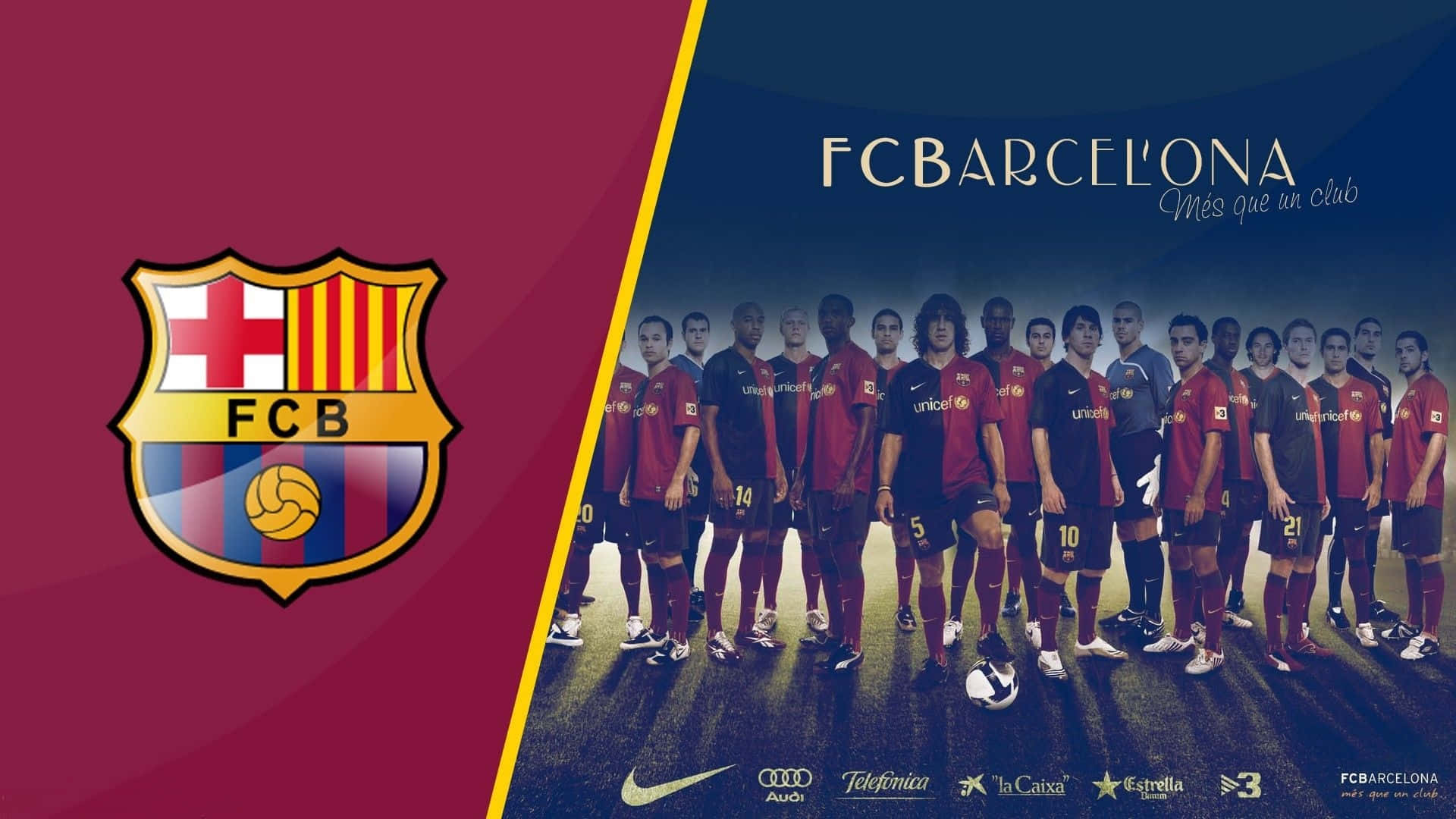 FC Barcelona, red and blue kits, split maroon and blue background, Full HD Desktop Wallpaper