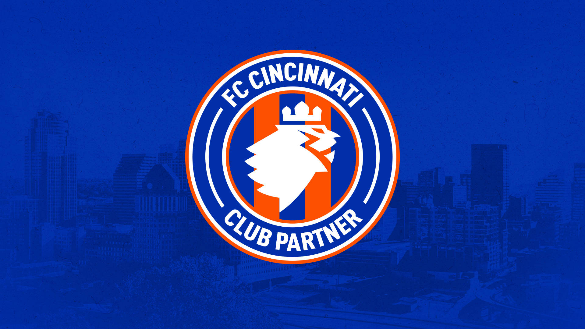 FC Cincinnati, crowned lion head, blue-tinted city skyline, Full HD Desktop Wallpaper