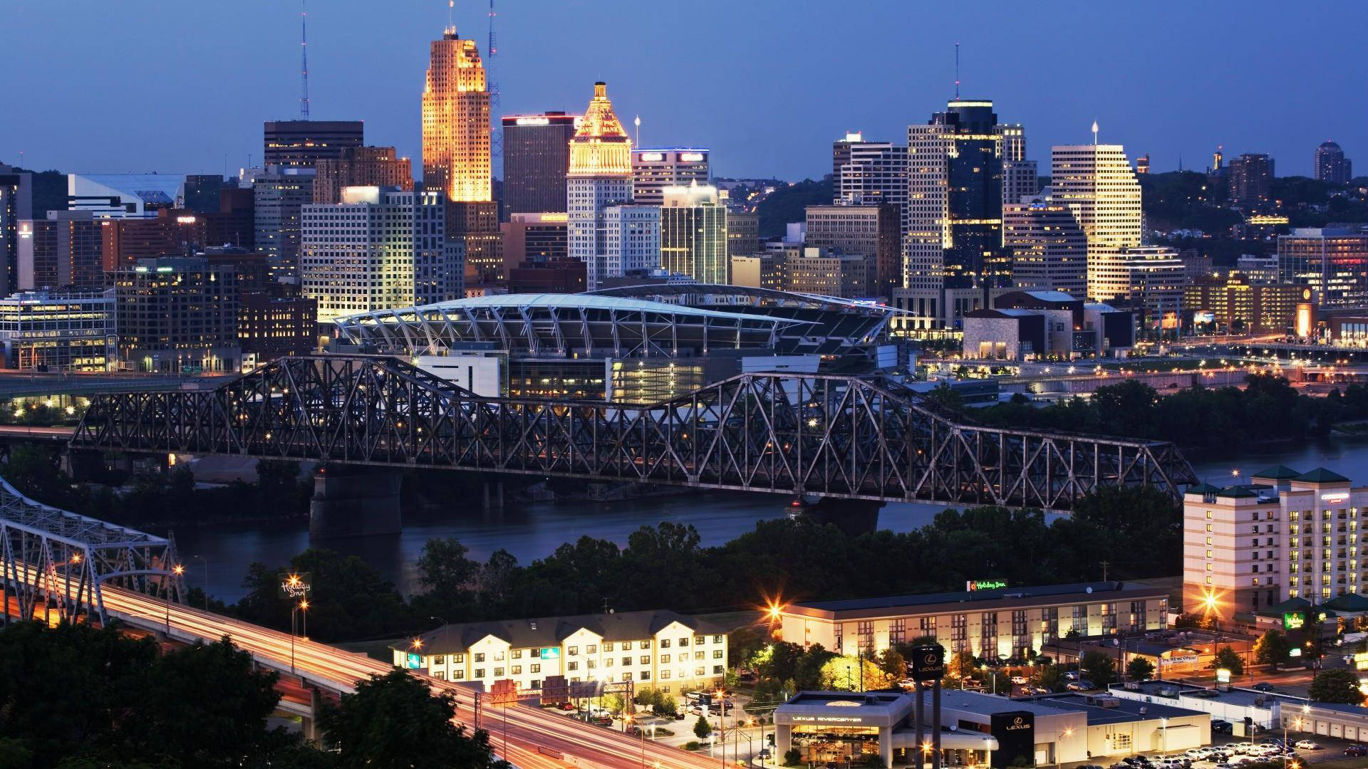 Cincinnati Skyline, dusk, illuminated skyscrapers, Full HD Desktop Wallpaper