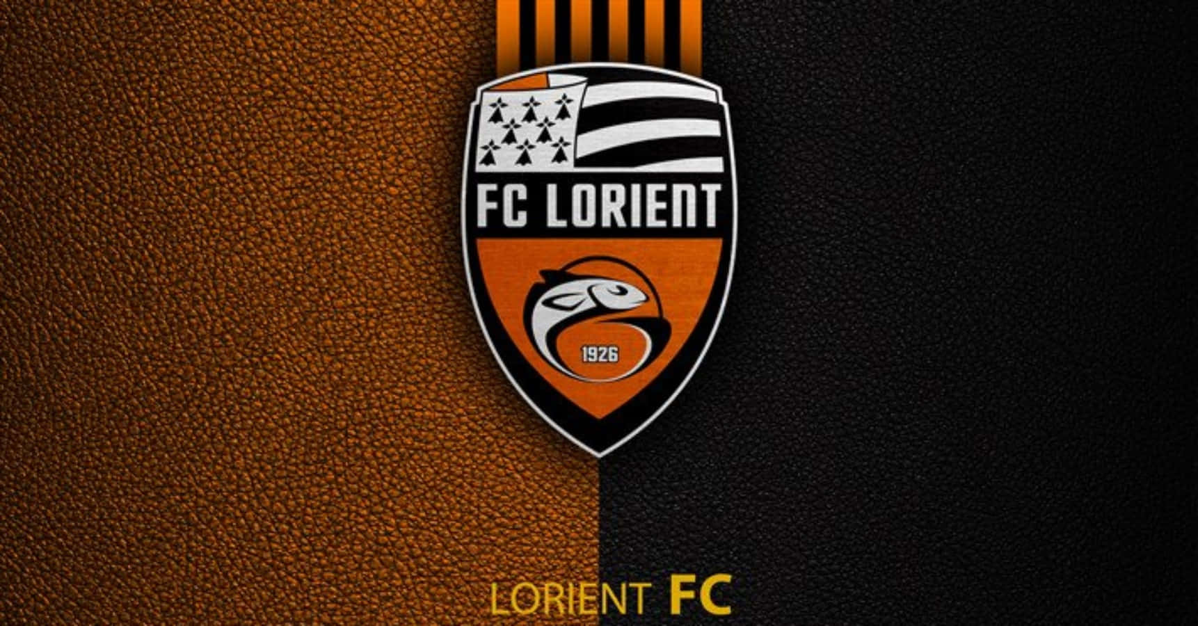 FC Lorient, football club crest, split brown leather and black textured background, HD Desktop Wallpaper