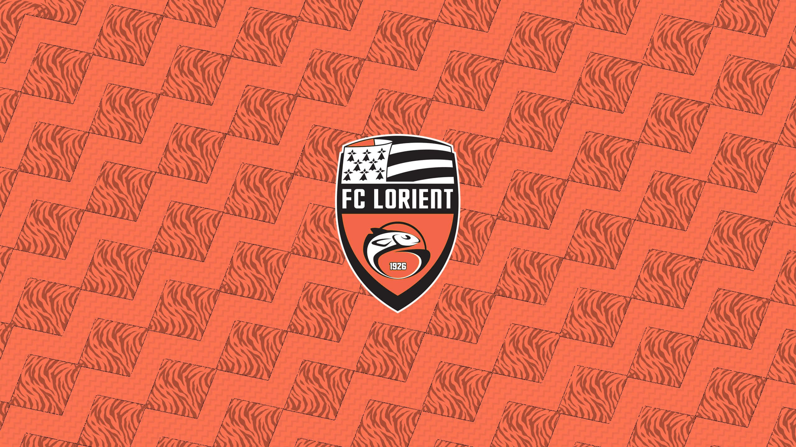 FC Lorient, orange background, zebra-stripe patterned squares, 2K Desktop Wallpaper