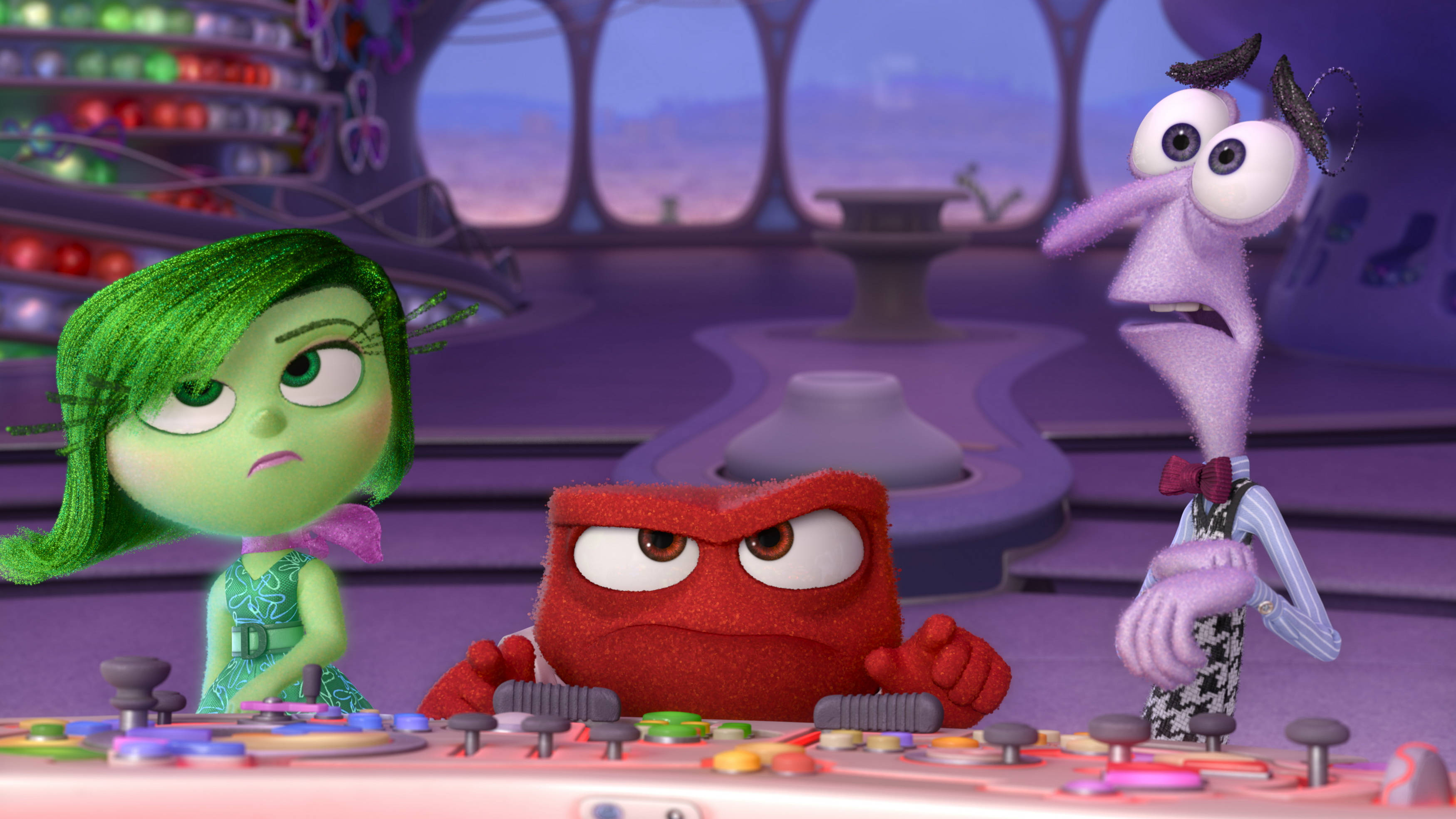 Fear Inside Out, anxious stare, animated emotion characters, 2K Desktop Wallpaper