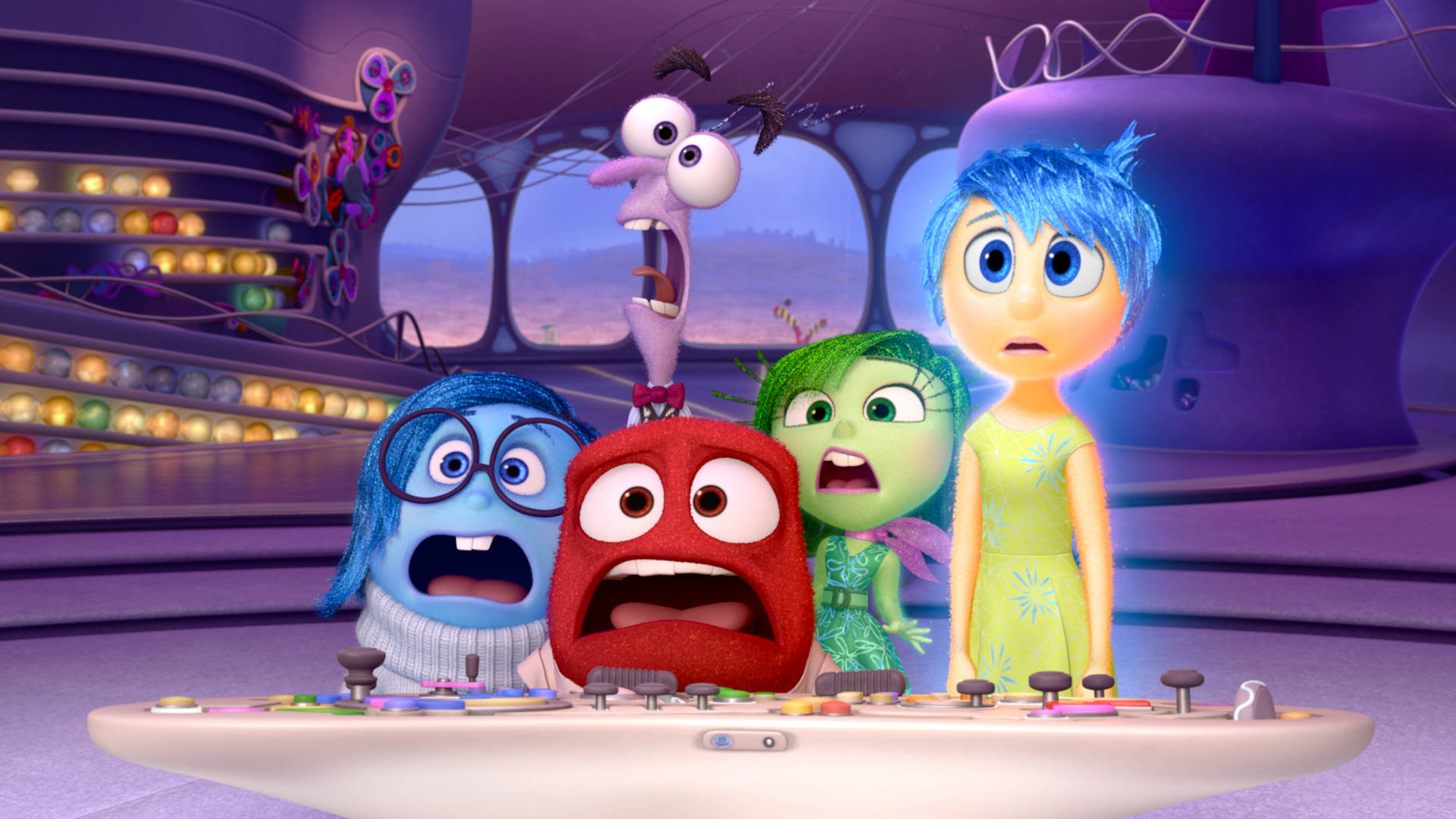 Fear Inside Out, animated emotion characters, futuristic control room, Full HD Desktop Wallpaper