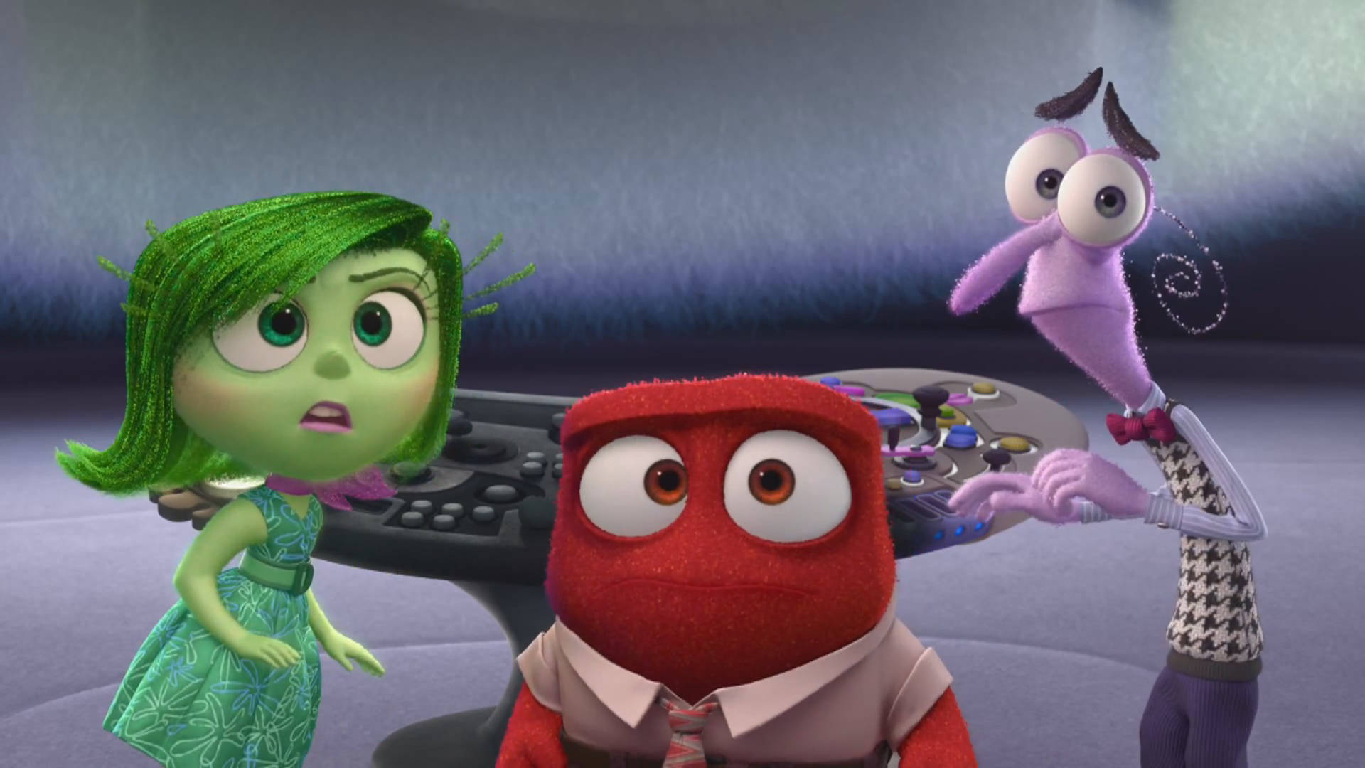 Fear Inside Out, animated emotion characters, control room, Full HD Desktop Wallpaper