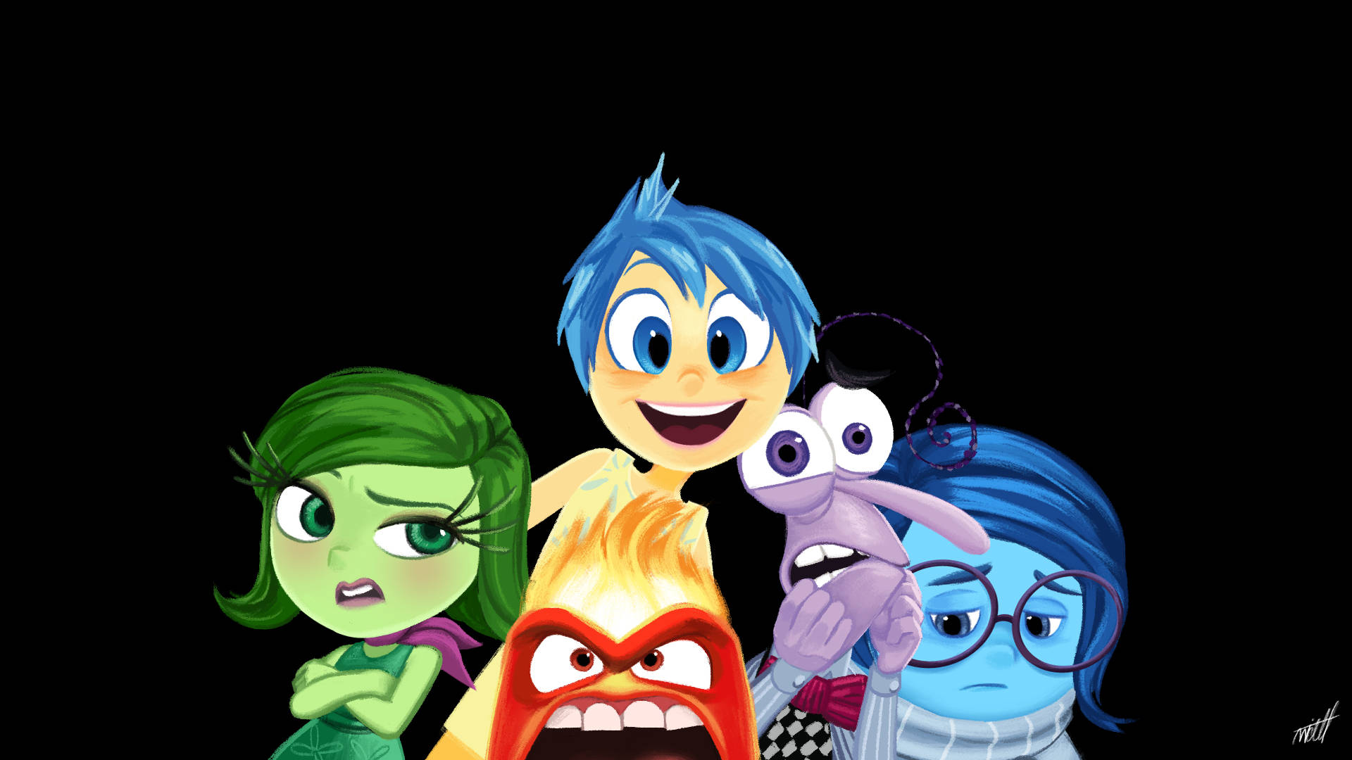 Fear Inside Out, animated emotion characters, black background, Full HD Desktop Wallpaper