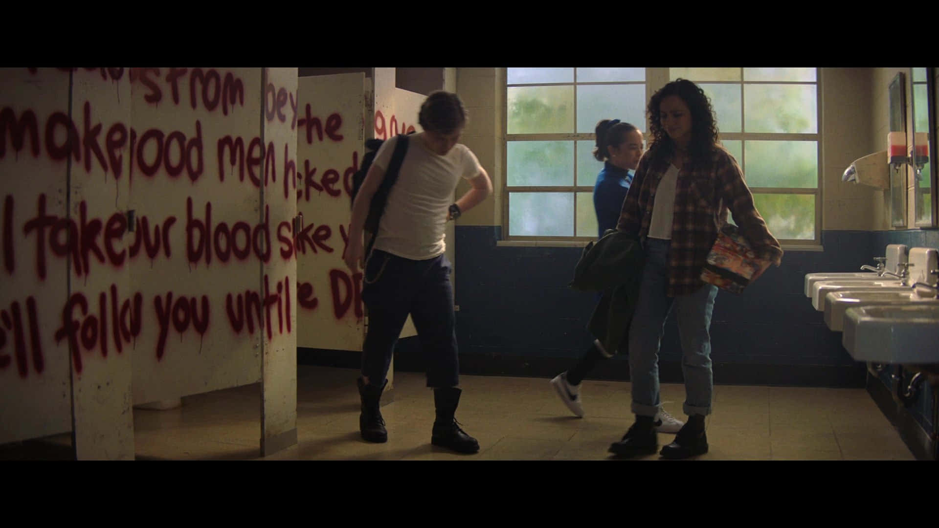 Fear Street, school bathroom, graffiti-covered stalls, Full HD Desktop Wallpaper