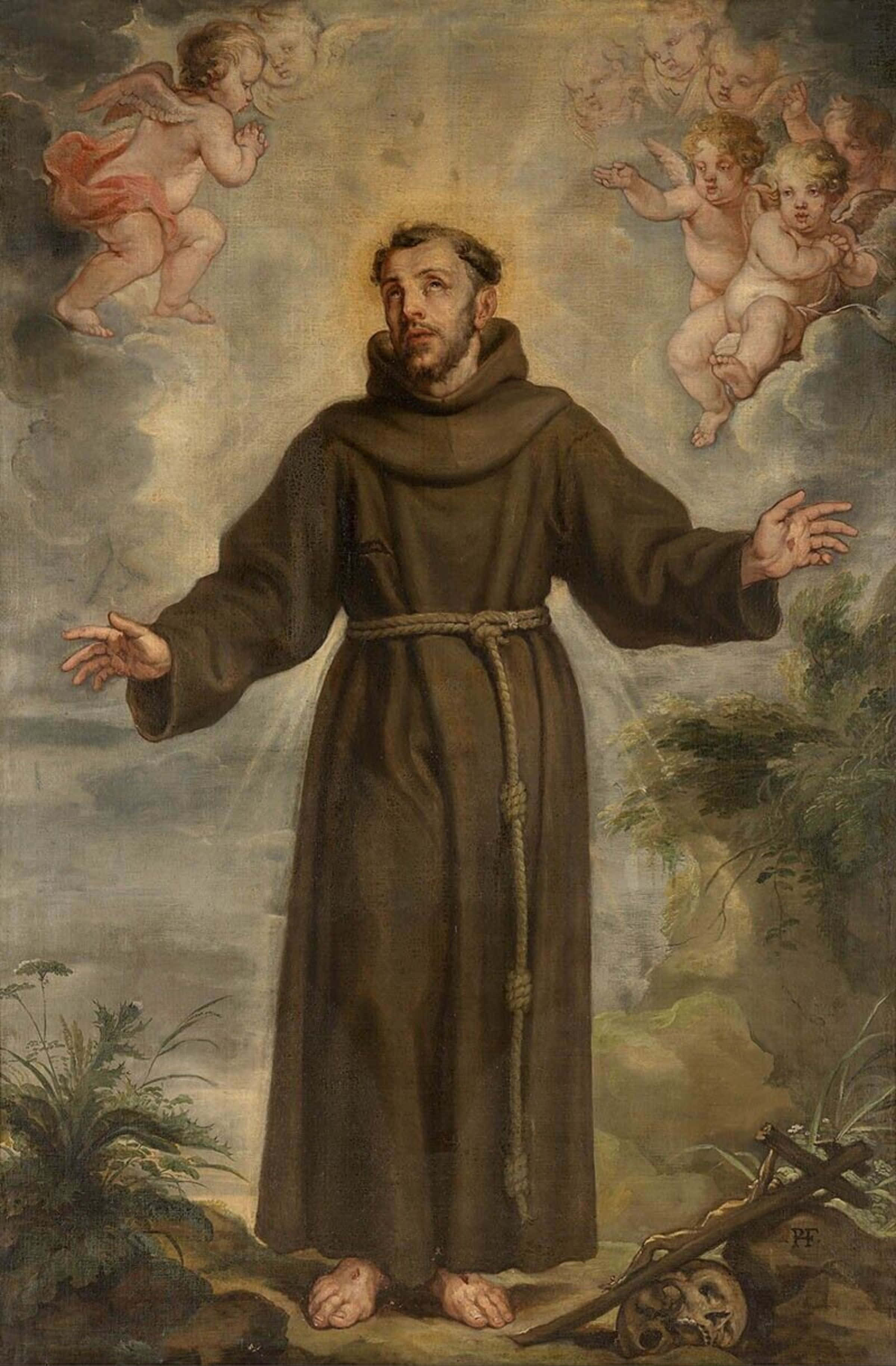 St Francis of Assisi, cherubs, brown robe, 2K Phone Wallpaper