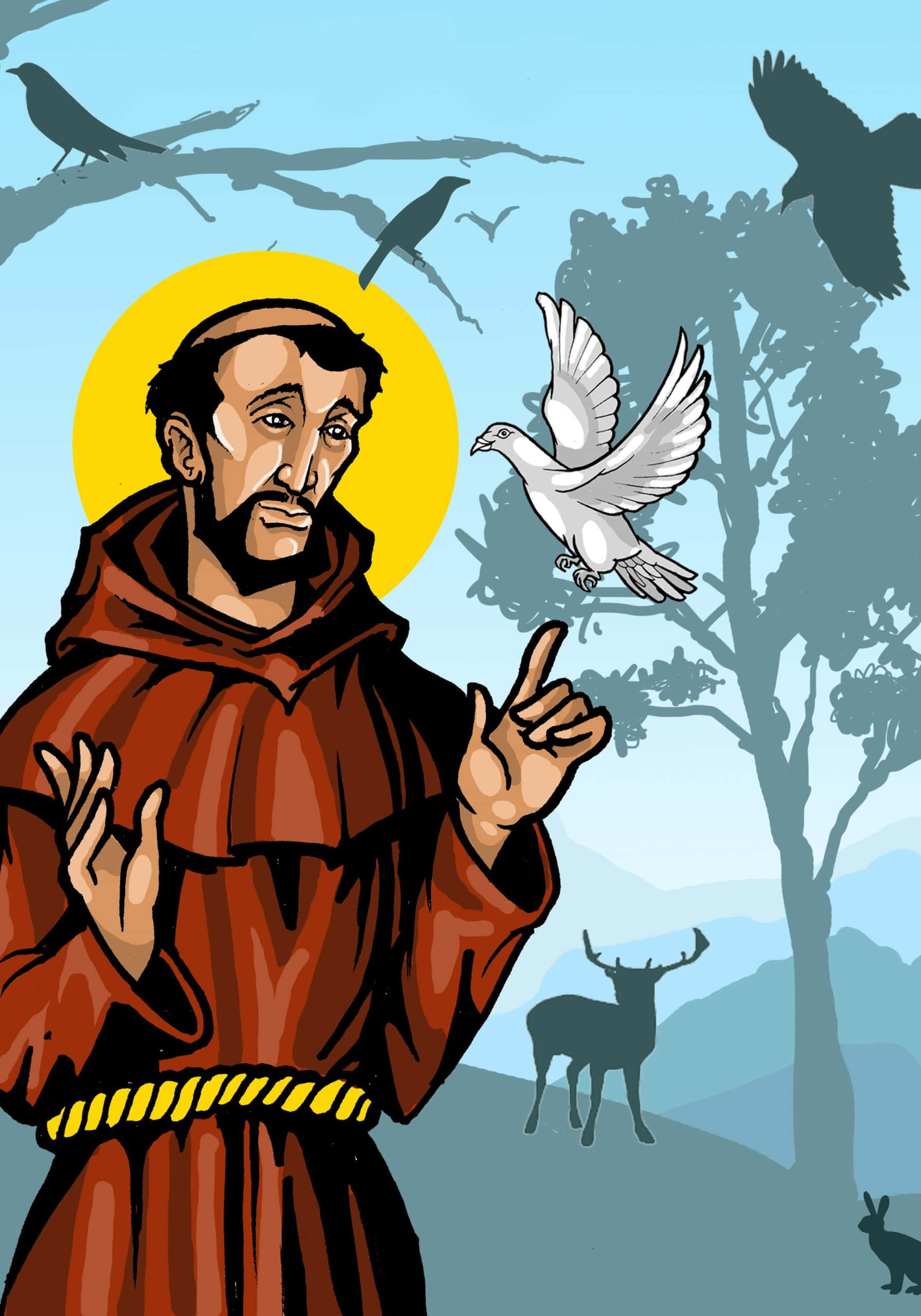 St Francis Of Assisi, brown robe, yellow halo, 2K Phone Wallpaper