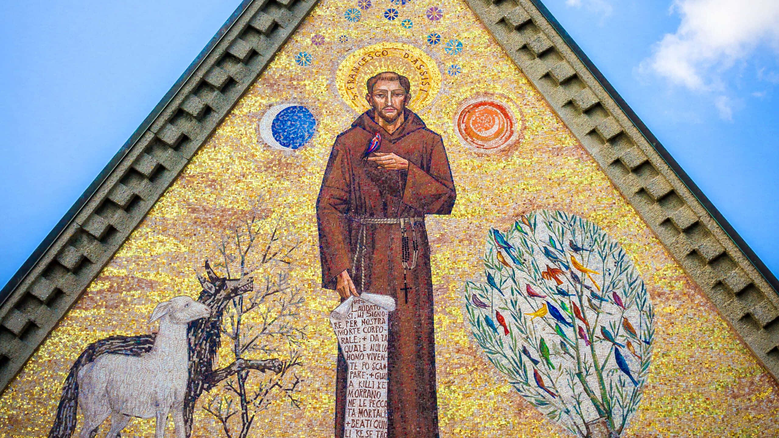 St Francis, golden mosaic, bird, 2K Desktop Wallpaper