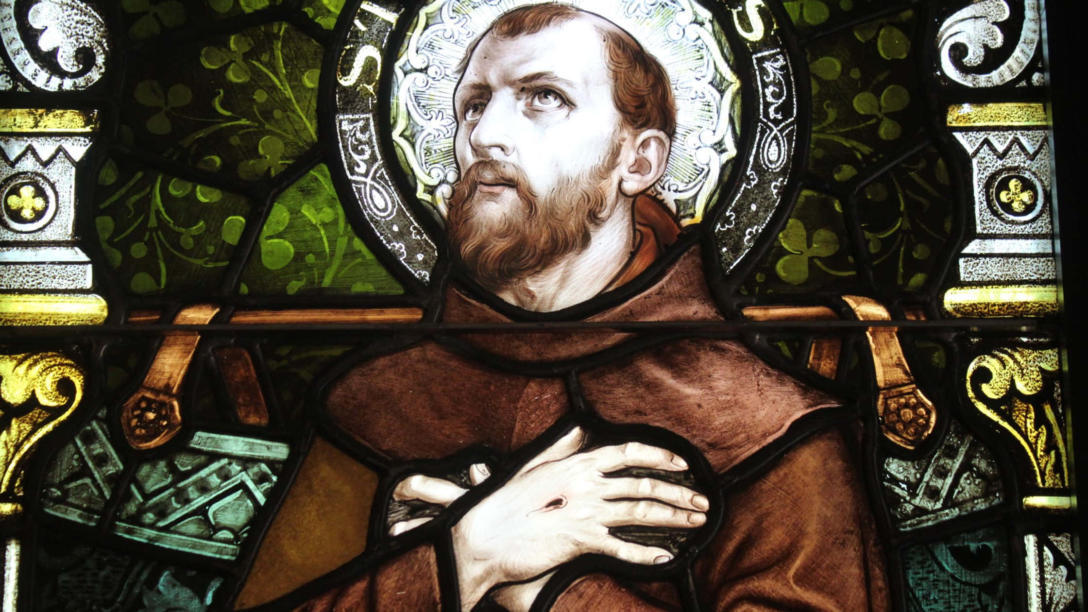 St Francis Assisi, stained glass portrait, bearded saint, Full HD Desktop Wallpaper