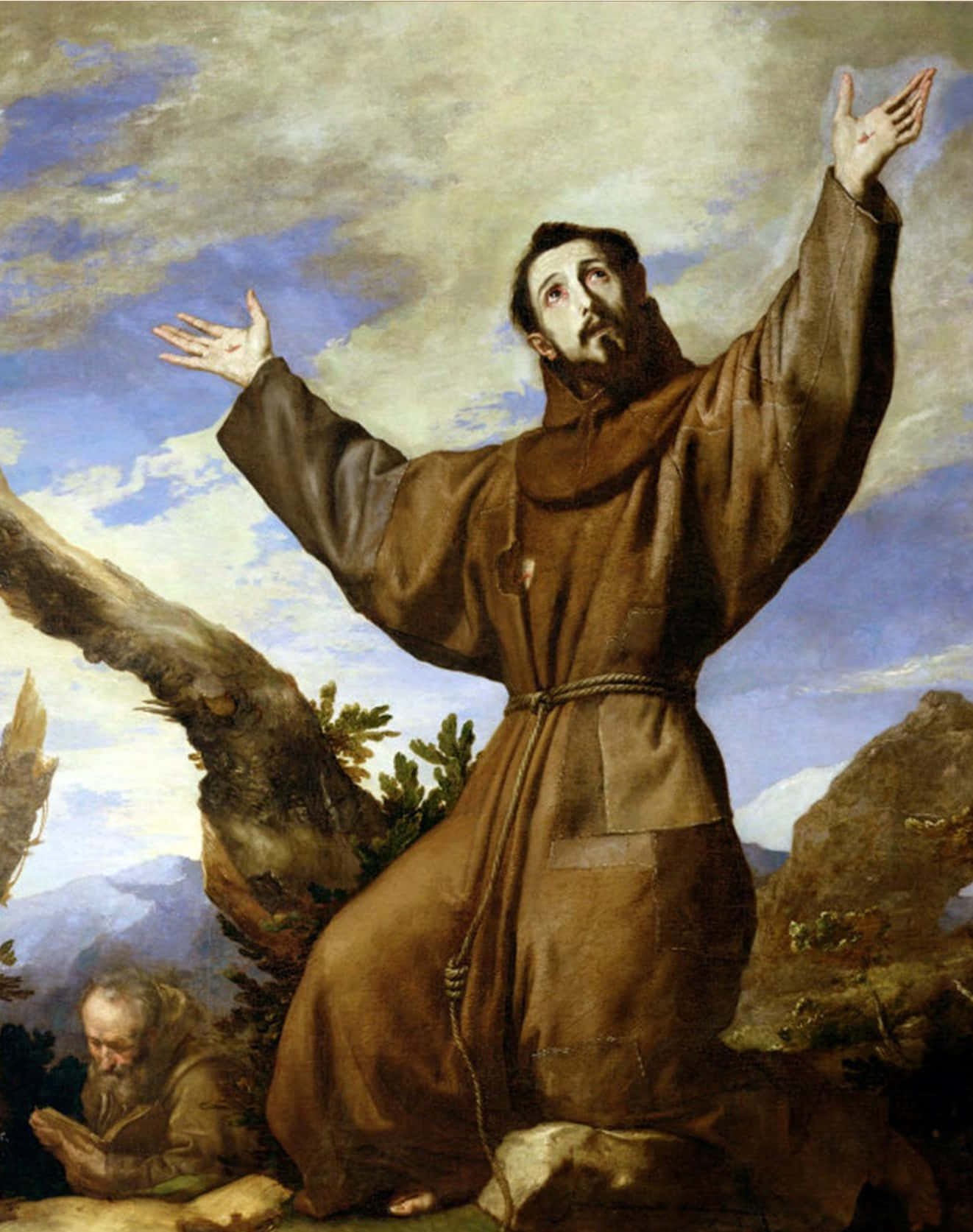 St Francis of Assisi, brown-robed monk, cloudy sky, HD Phone Wallpaper