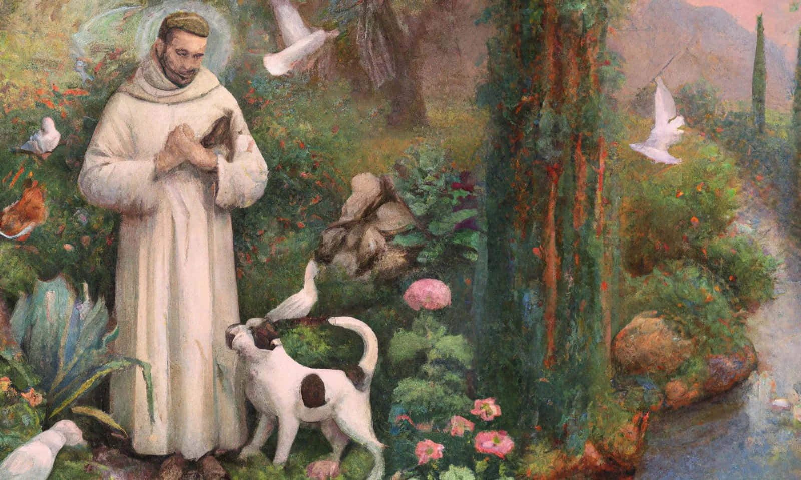 St Francis Of Assisi, robed monk, lush garden, HD Desktop Wallpaper