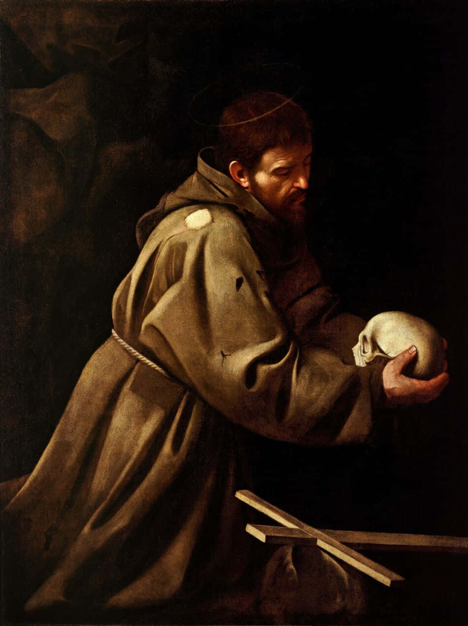 St Francis, human skull, tattered brown robe, SD Phone Wallpaper