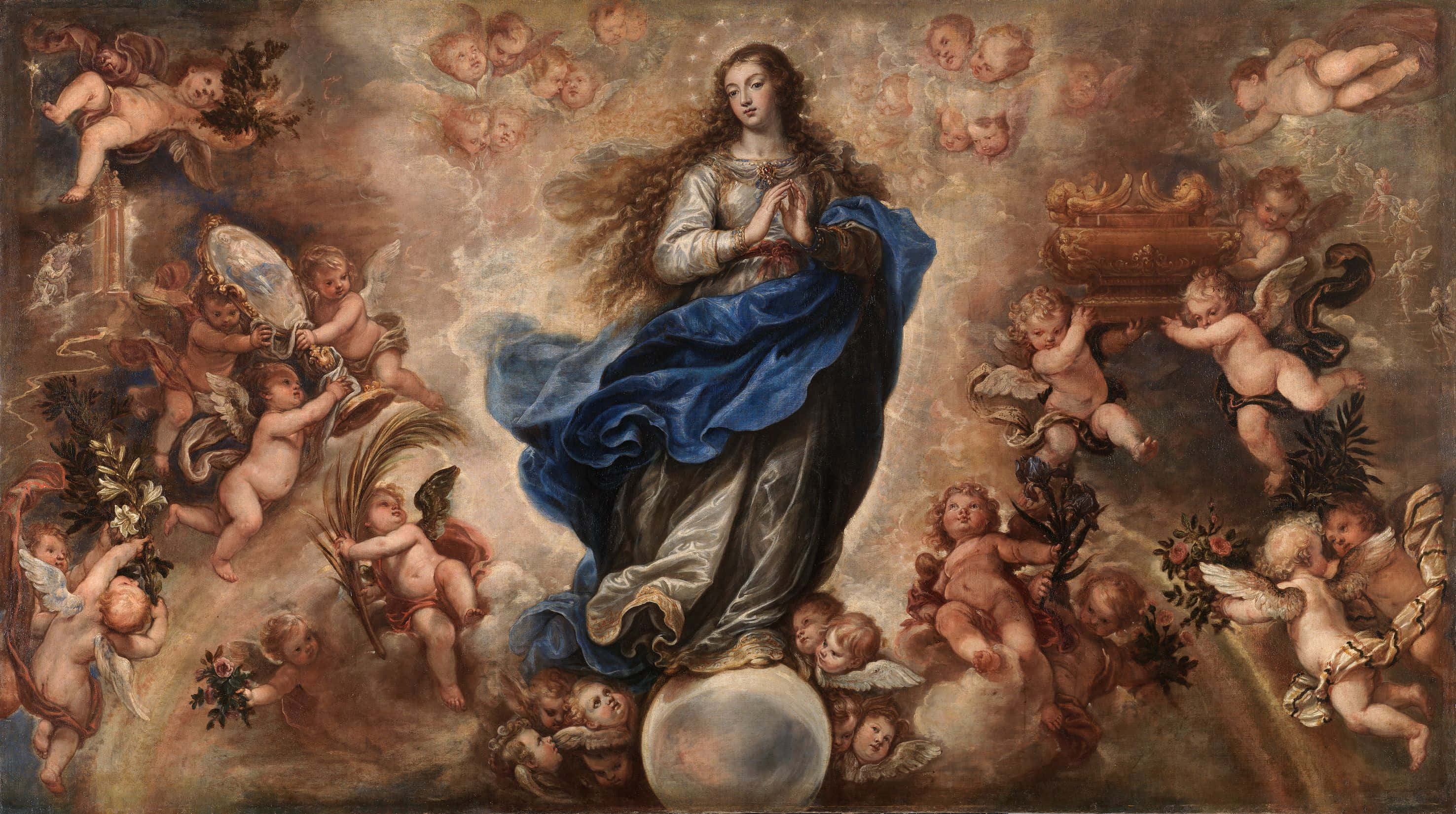 Immaculate Conception, blue and silver robes, globe, 2K Desktop Wallpaper